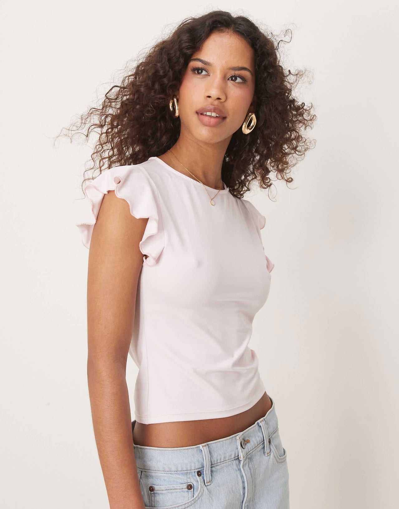 ASOS DESIGN boat neck top with ruffle sleeve in baby pink