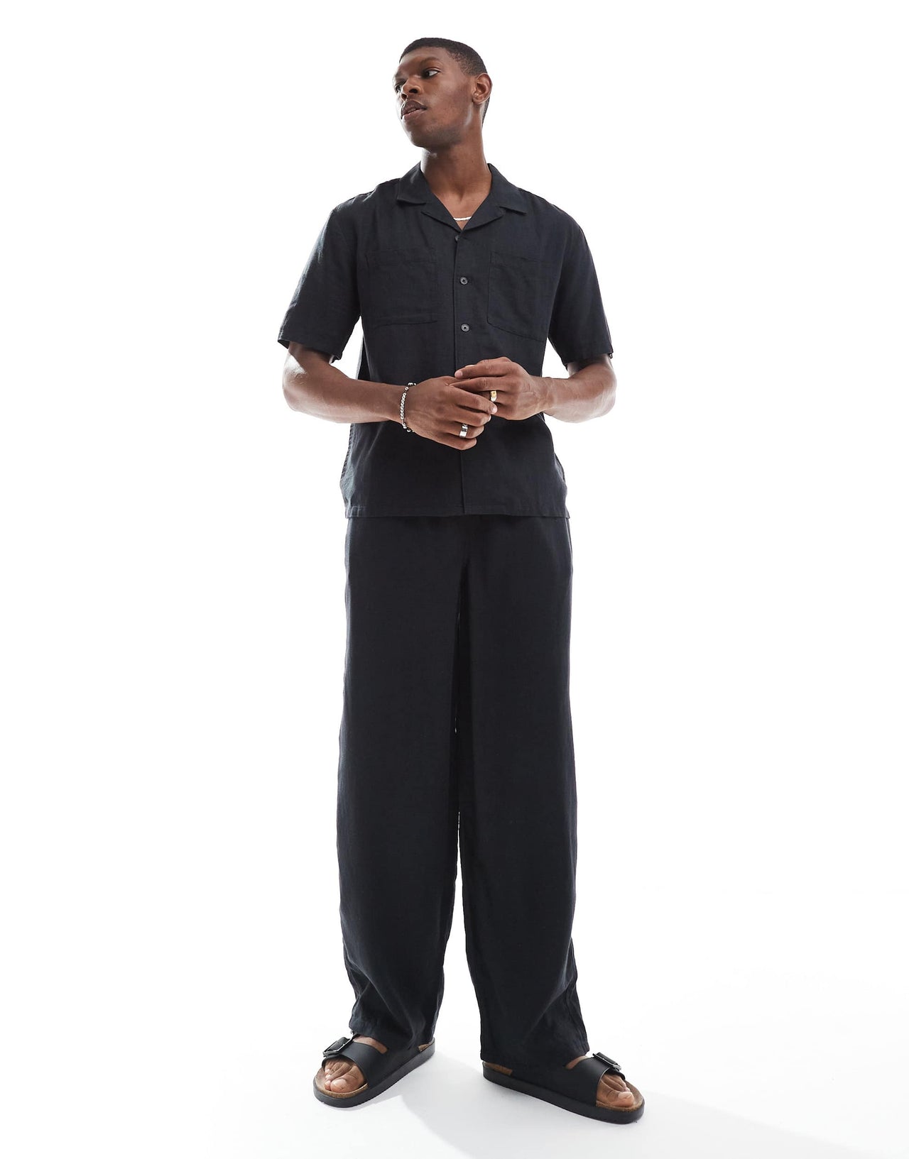 New Look double pocket boxy linen look shirt co-ord in black