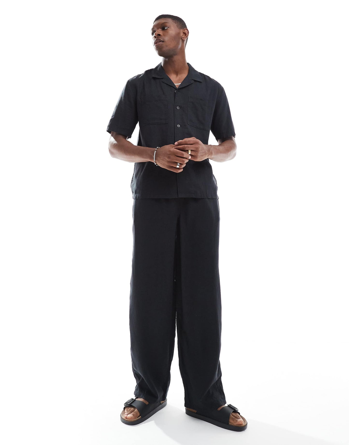 New Look double pocket boxy linen look shirt co-ord in black