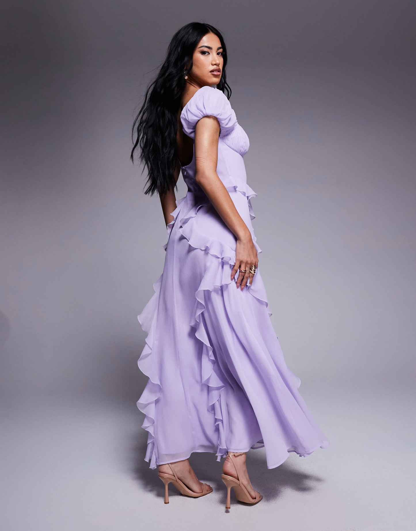 ASOS DESIGN gathered sleeve midi dress with ruffles in lilac