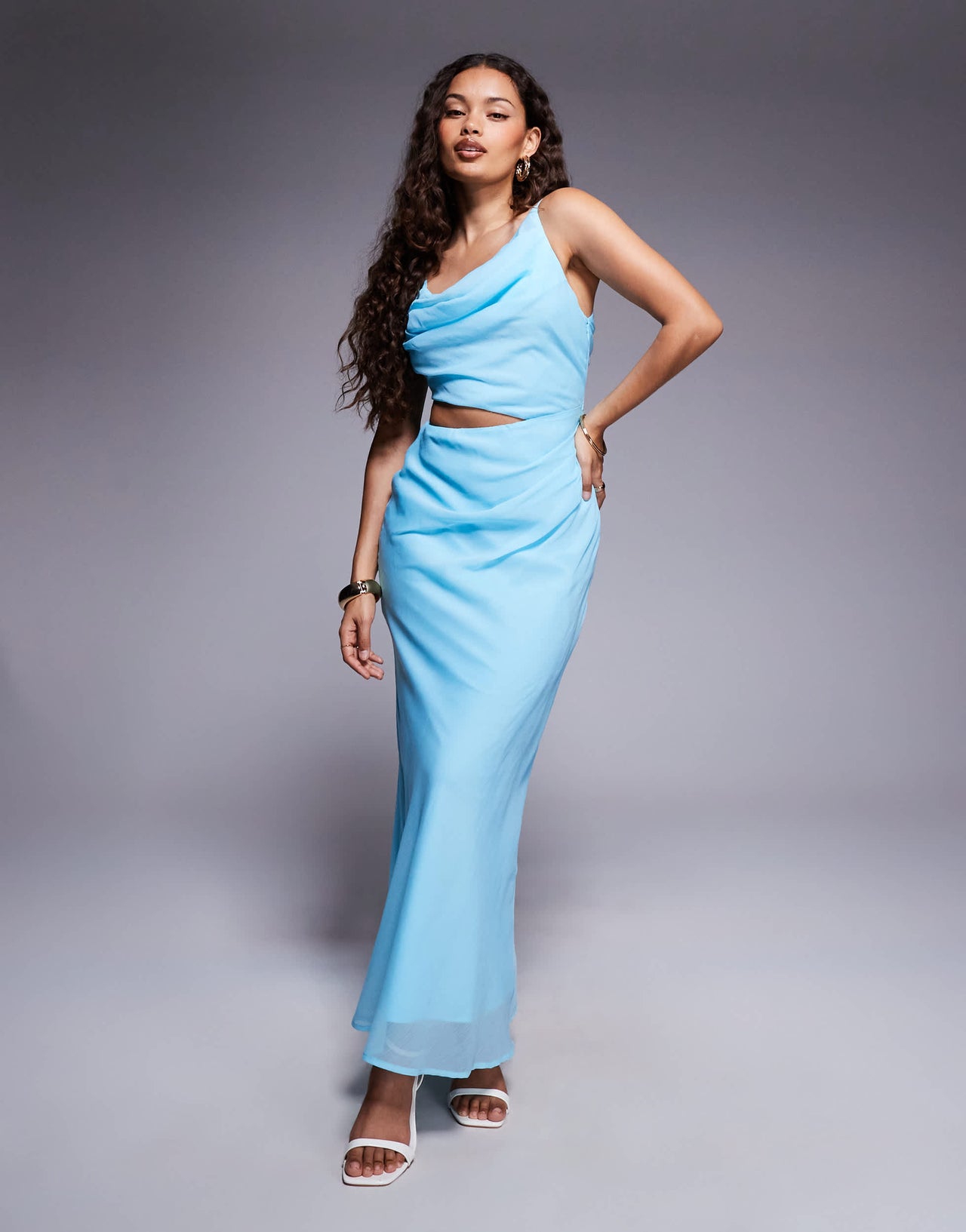 ASOS DESIGN Petite asymmetric drape faux-ord maxi dress in aqua blue