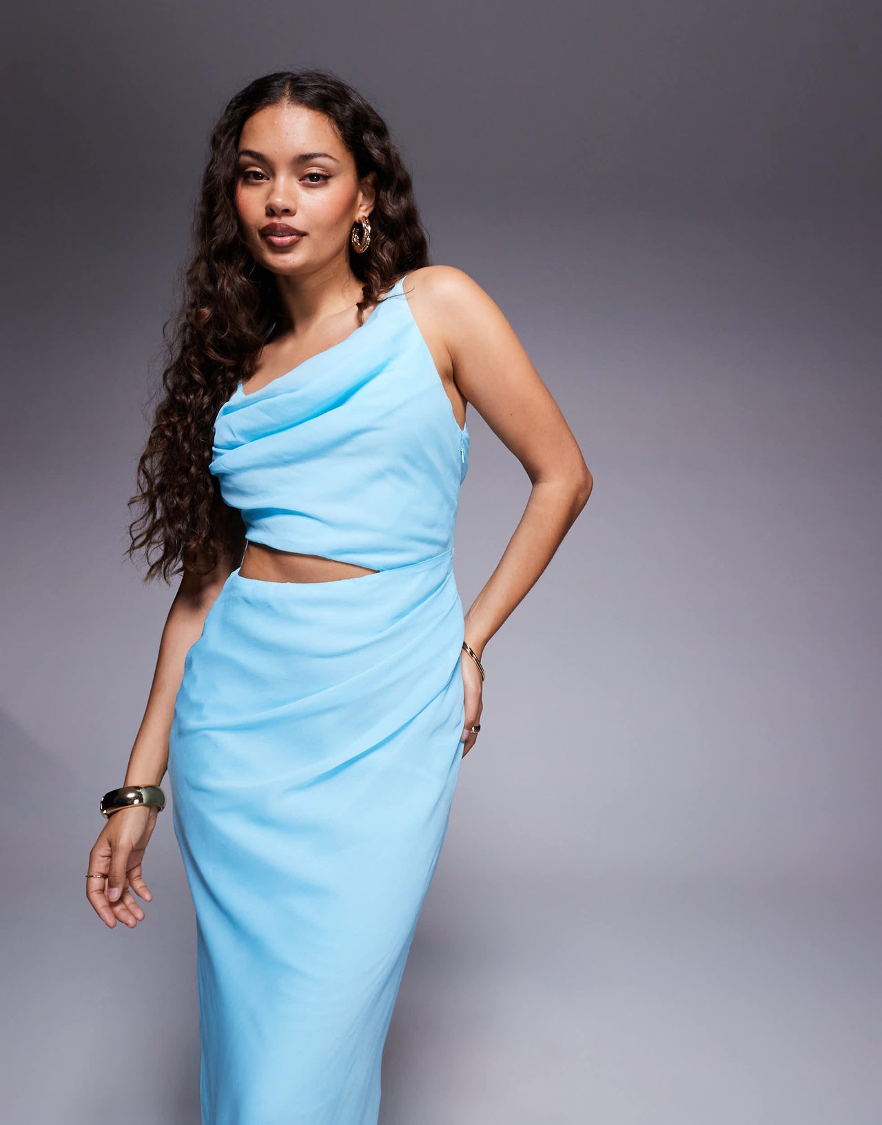 ASOS DESIGN Petite asymmetric drape faux-ord maxi dress in aqua blue