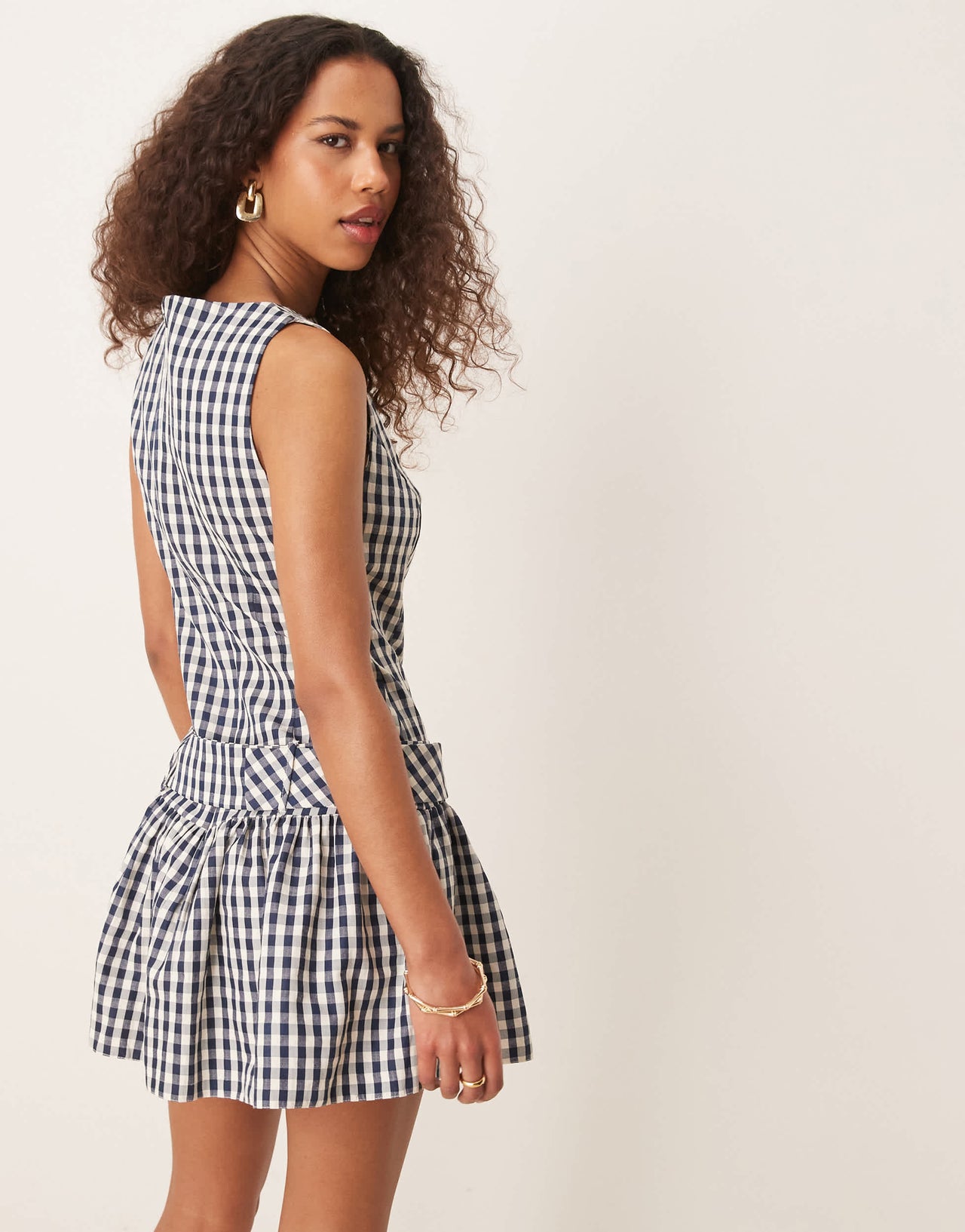 ASOS DESIGN drop waist belted mini in navy and white check
