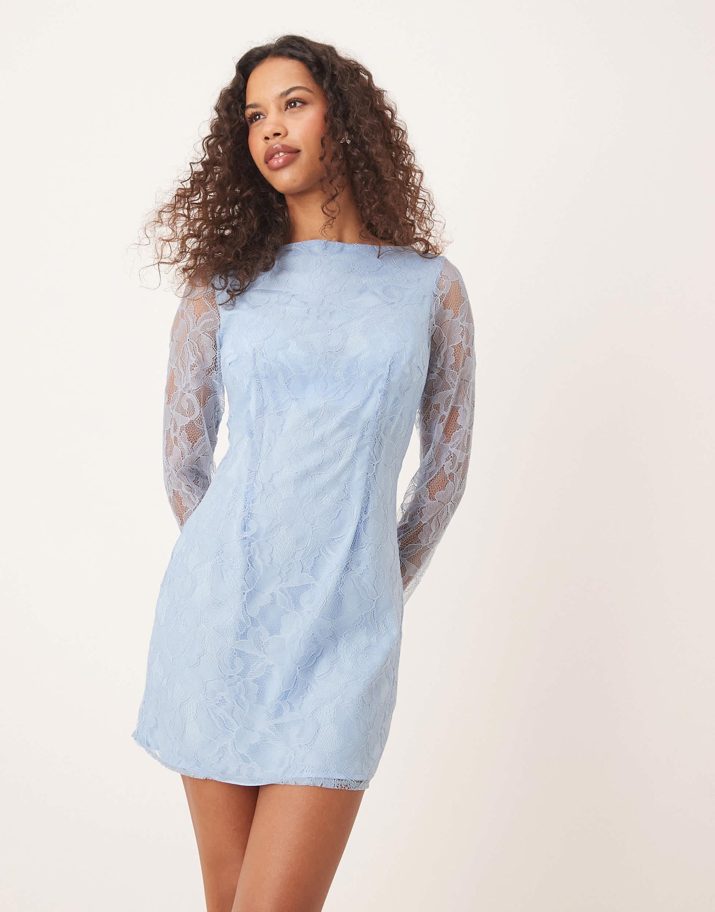 ASOS DESIGN slash neck lace mini dress in dusty blue