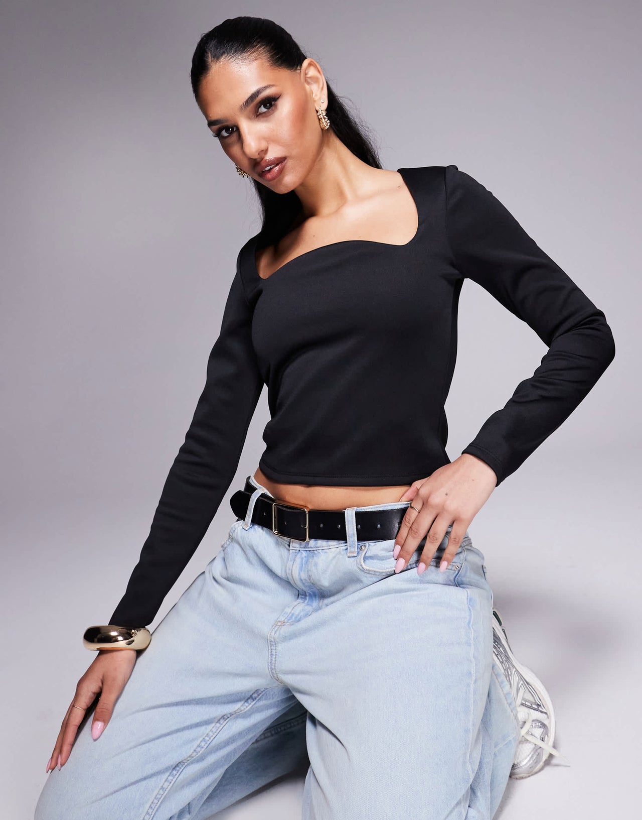 ASOS DESIGN curved neckline long sleeve top in black