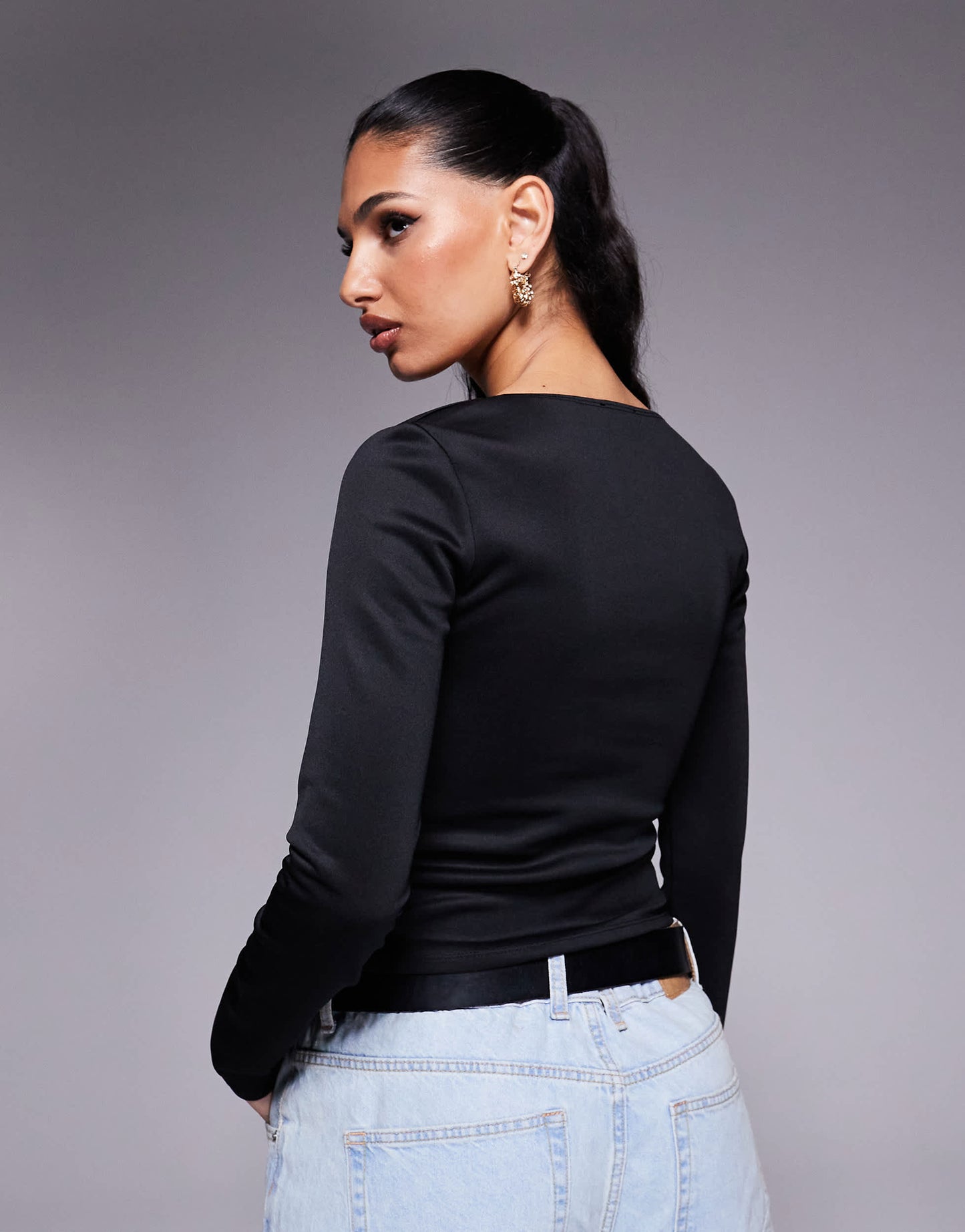 ASOS DESIGN curved neckline long sleeve top in black