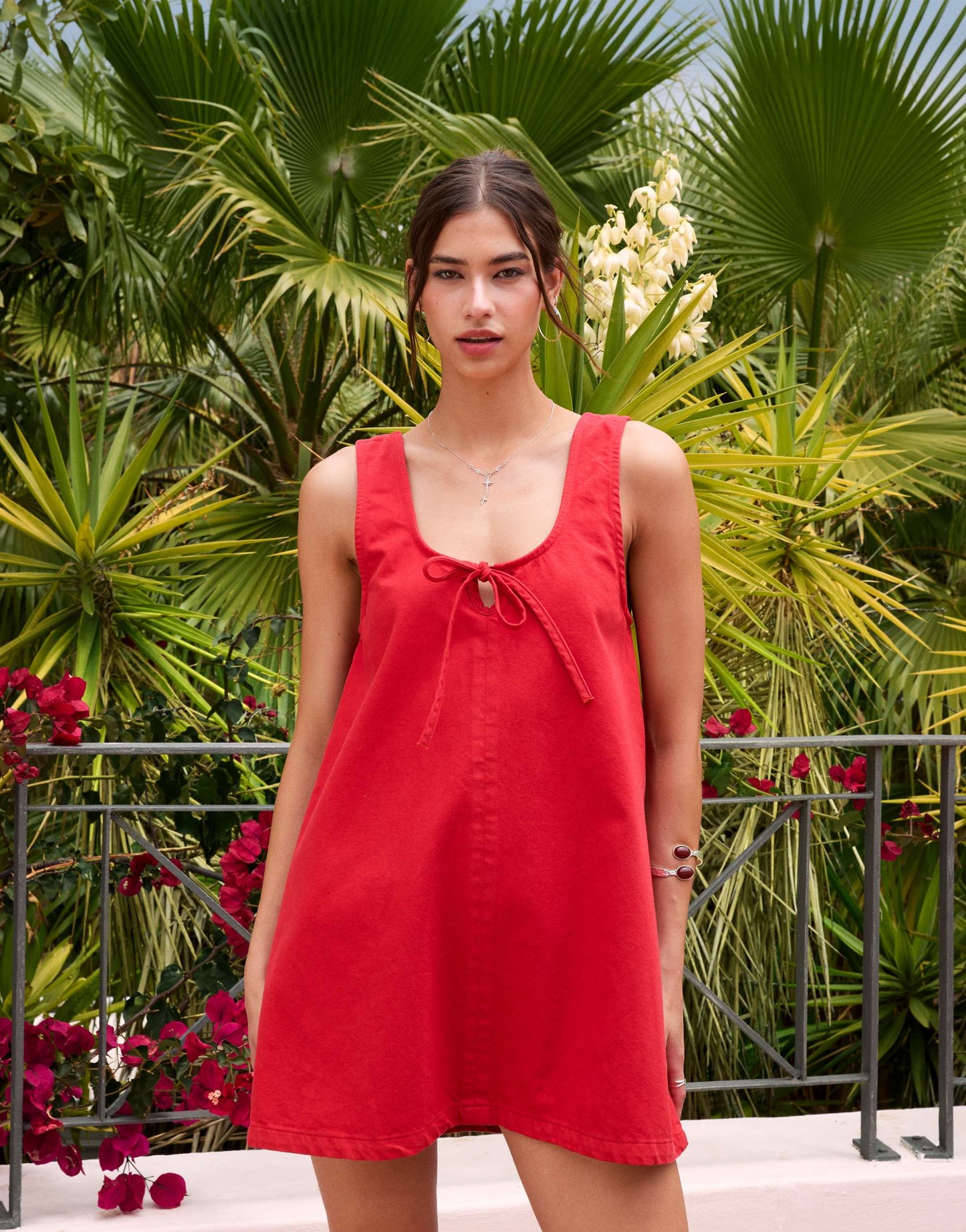 ASOS DESIGN denim scoop mini dress with bow front in red