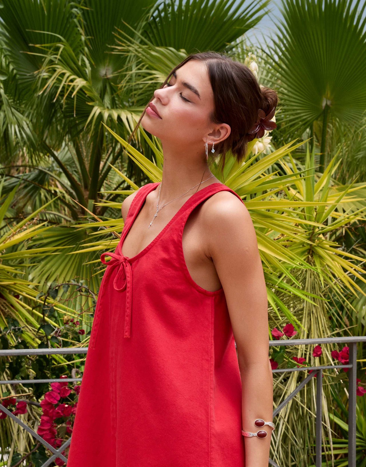 ASOS DESIGN denim scoop mini dress with bow front in red