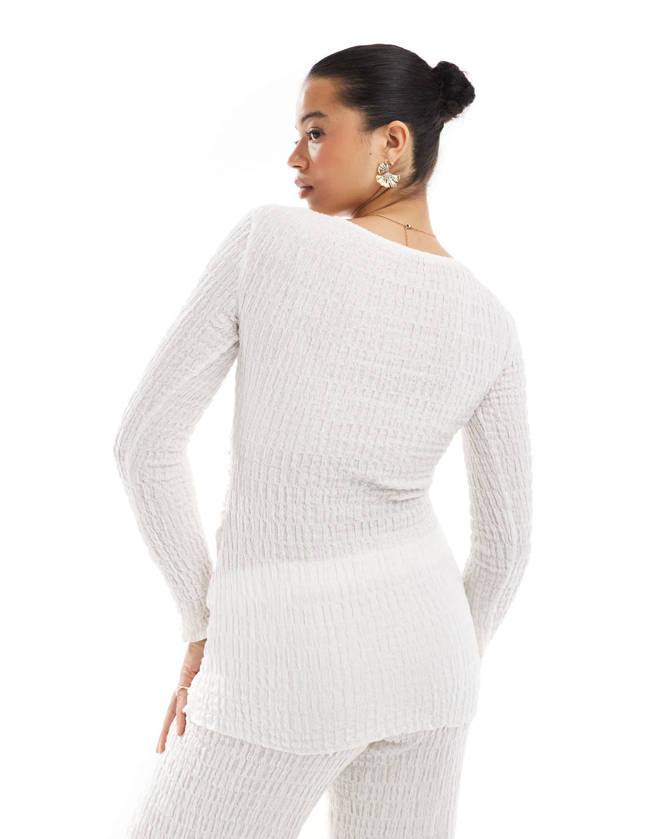 Pull&Bear textured long sleeve asymmetric top co-ord in ecru