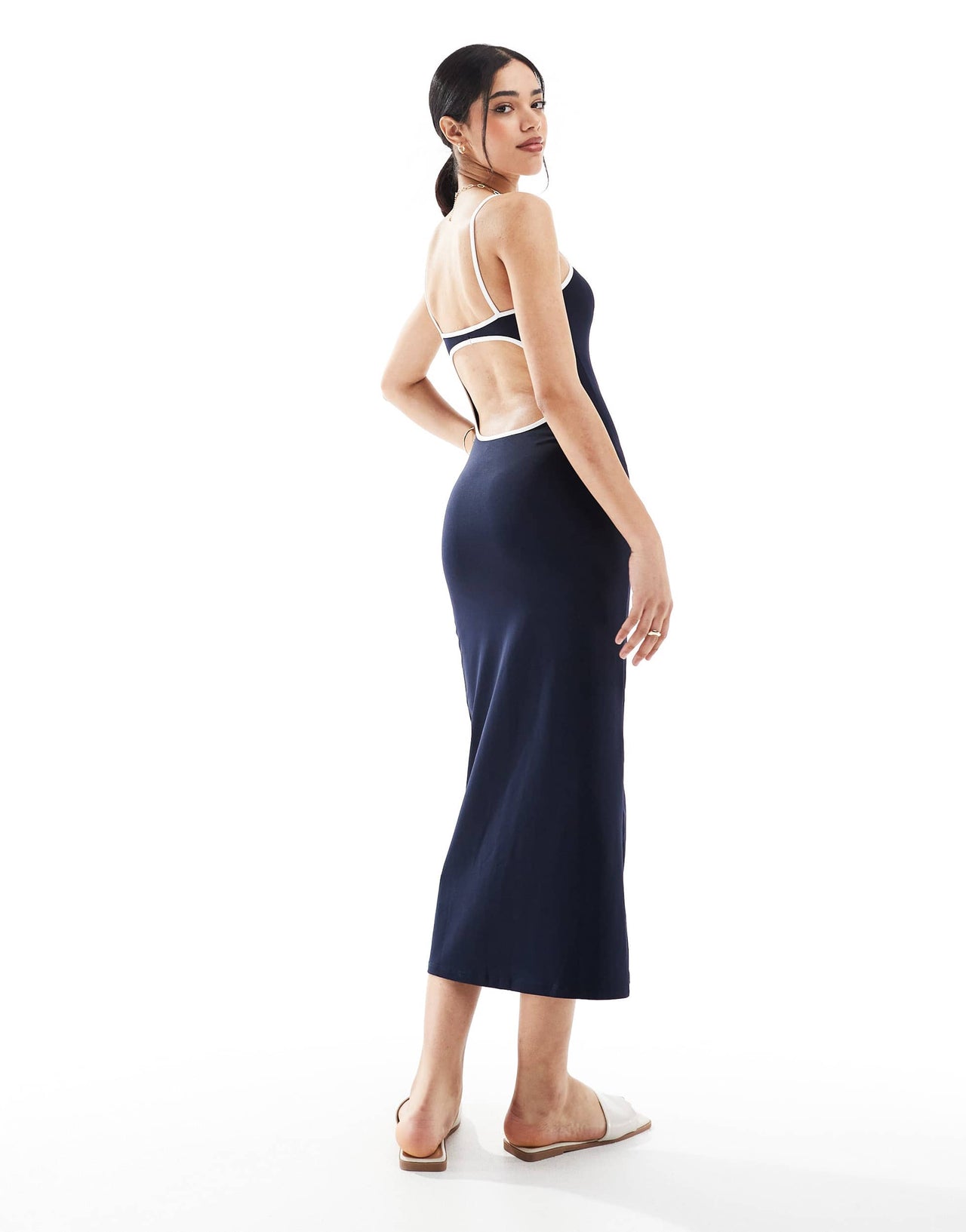 Pull&Bear contrast trim backless maxi dress in navy