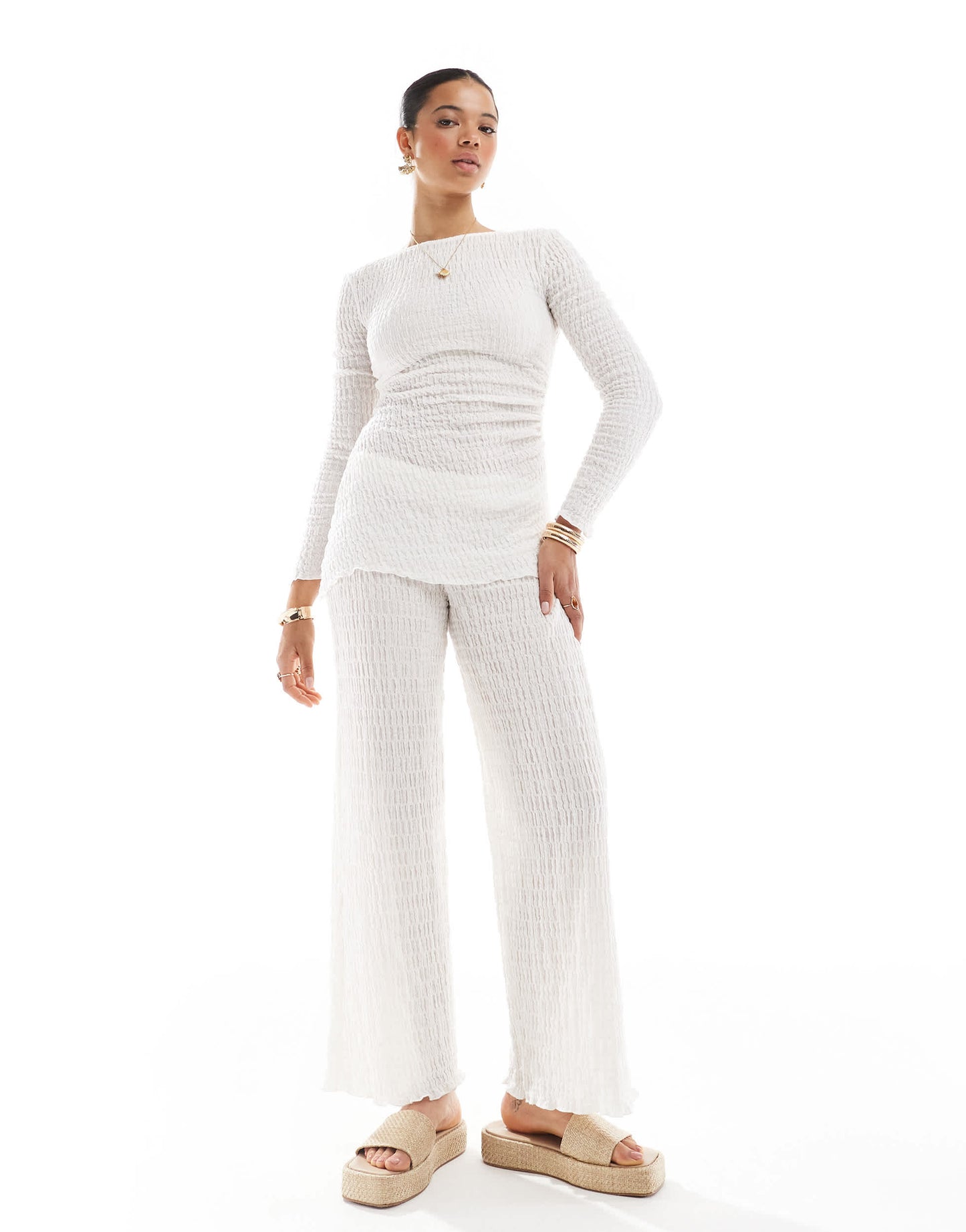 Pull&Bear textured wide leg trouser co-ord in ecru