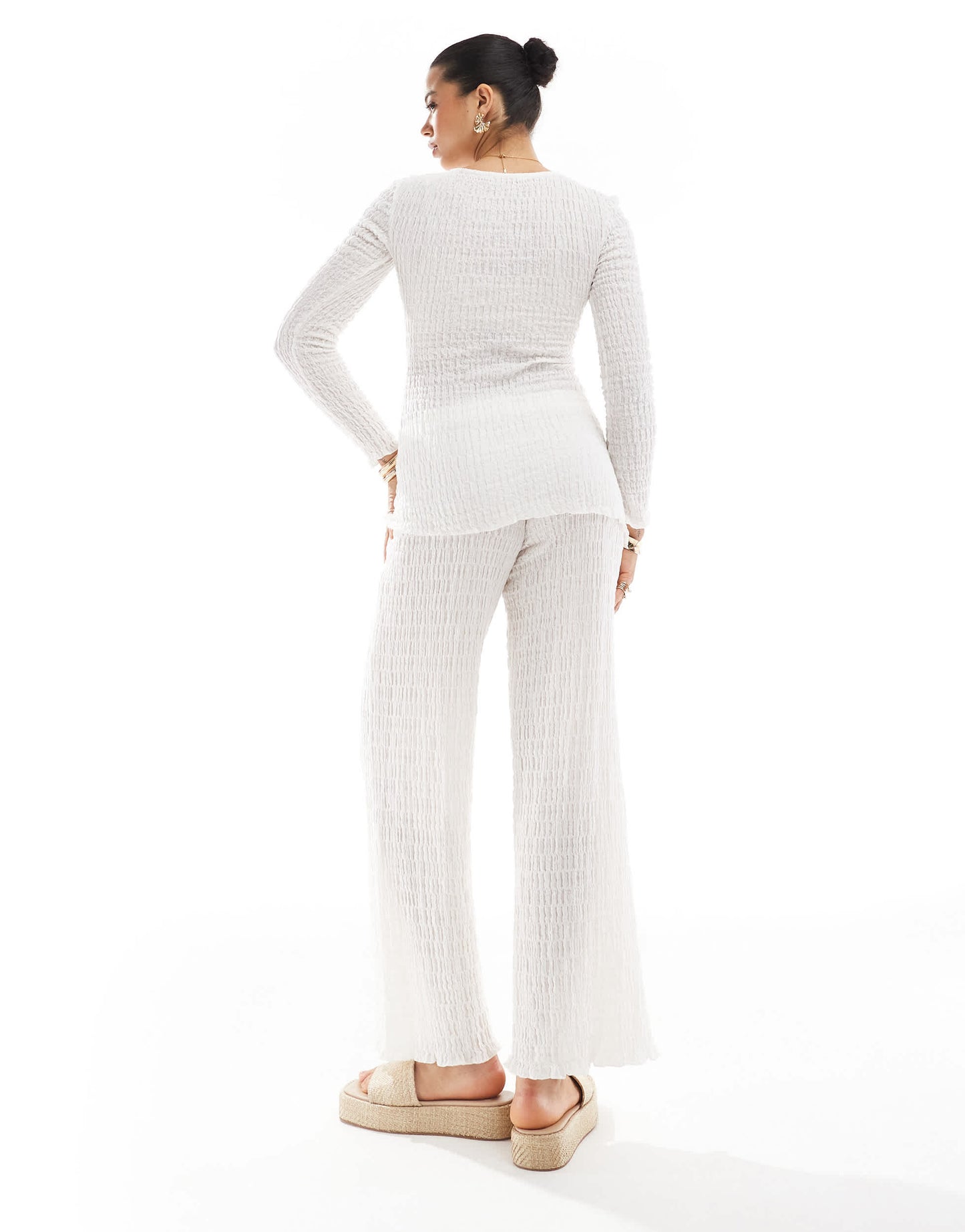 Pull&Bear textured wide leg trouser co-ord in ecru
