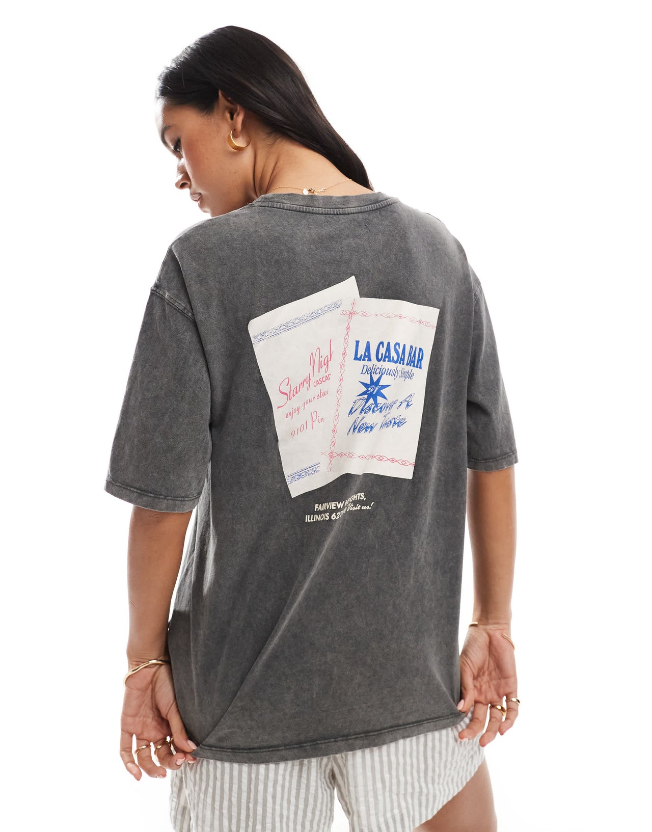 Pull&Bear 'Fresco Bar' oversized graphic tee in washed grey