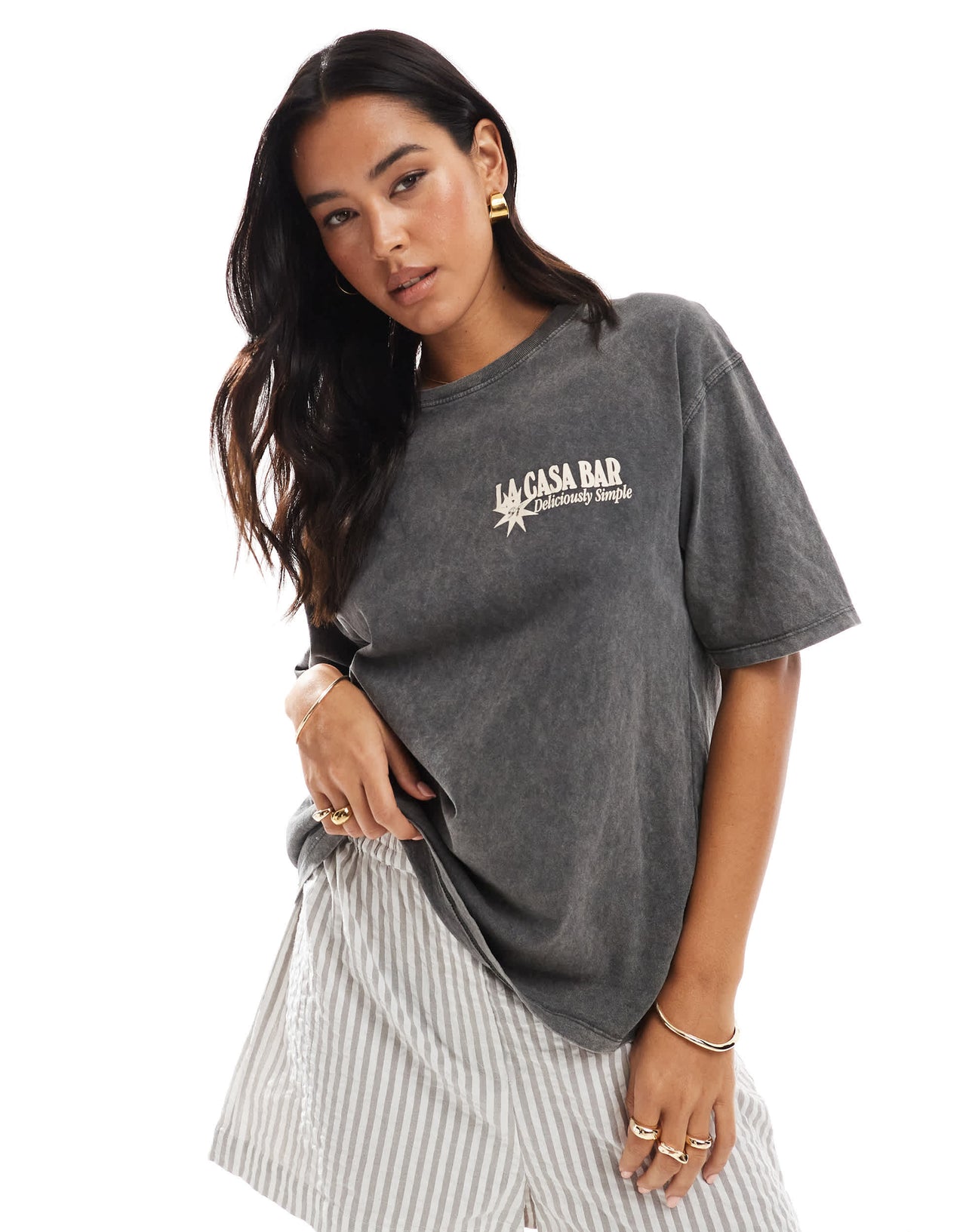 Pull&Bear 'Fresco Bar' oversized graphic tee in washed grey