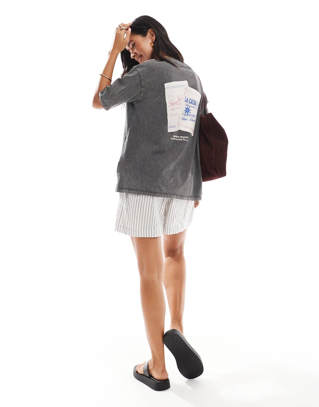 Pull&Bear 'Fresco Bar' oversized graphic tee in washed grey
