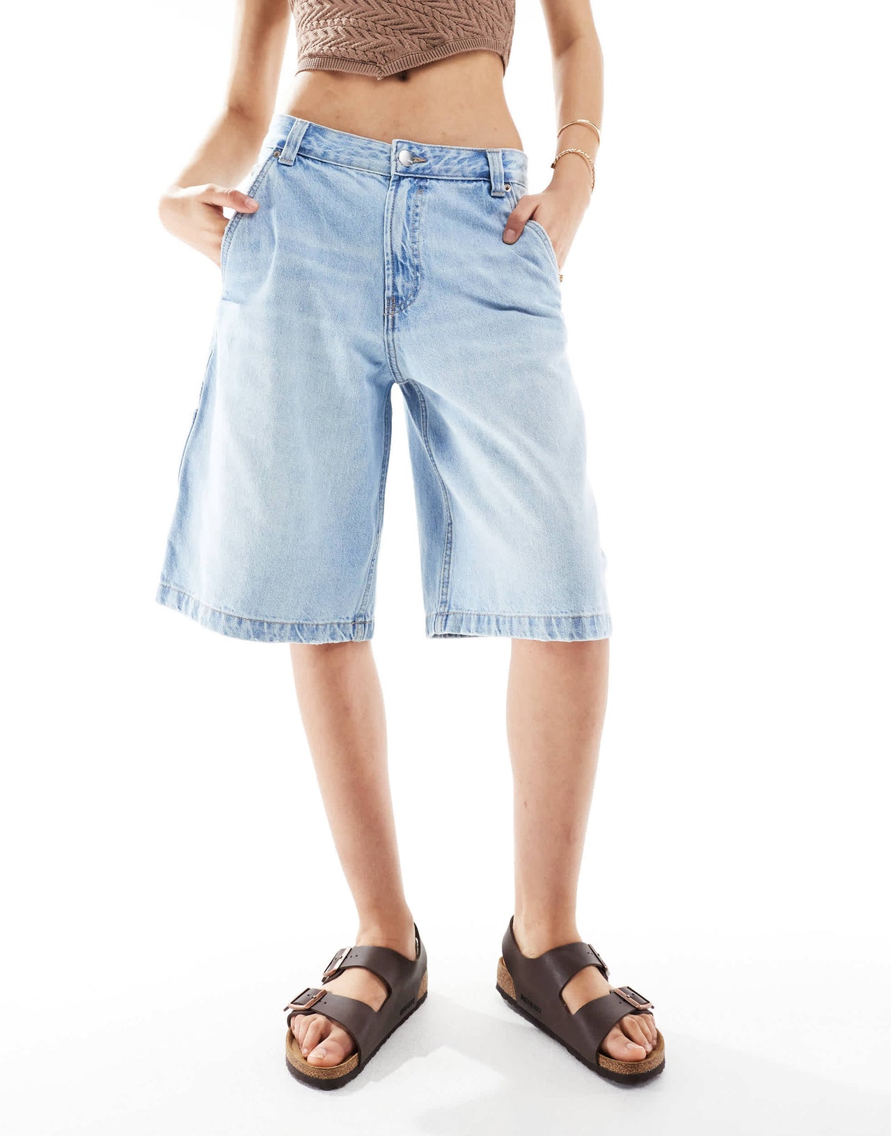 Pull&Bear longline carpenter denim jort in mid blue