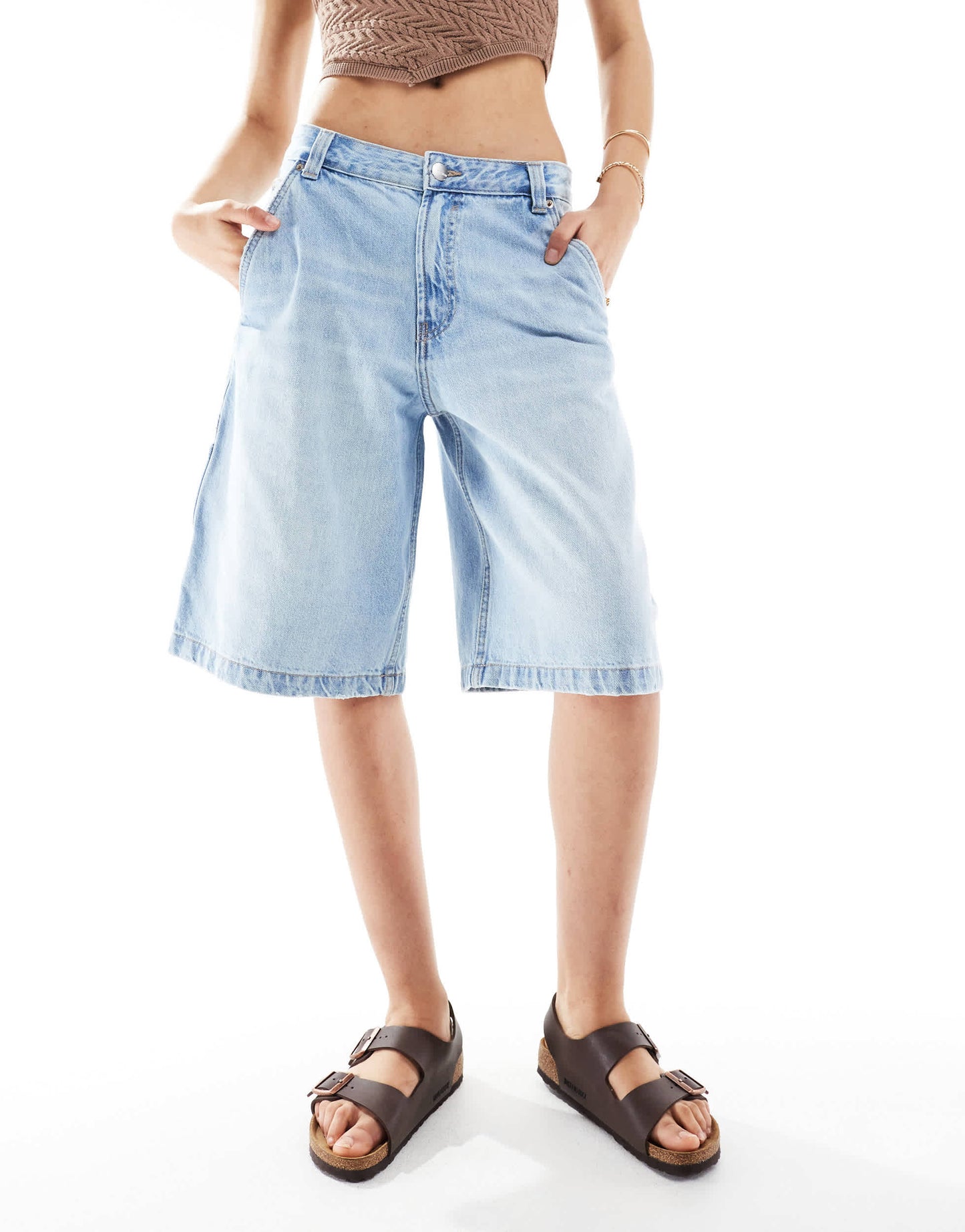 Pull&Bear longline carpenter denim jort in mid blue