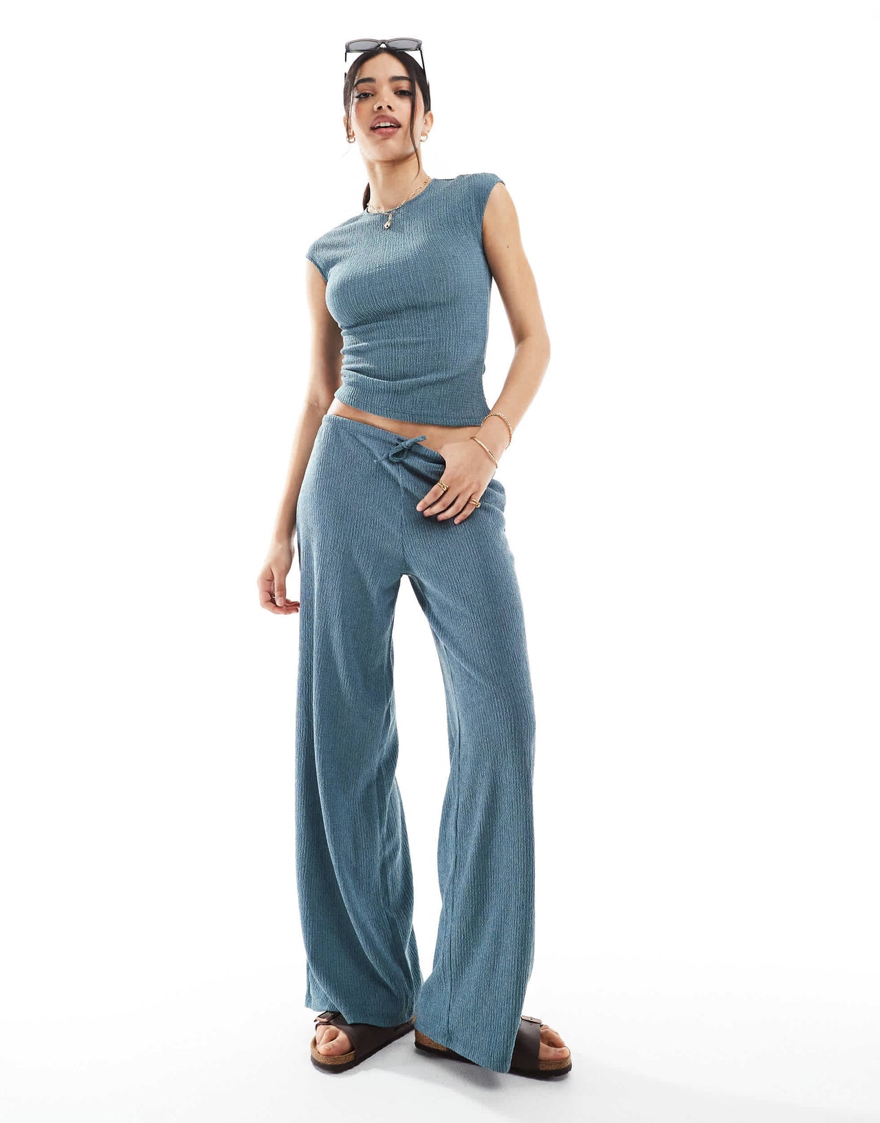 Pull&Bear textured asymmetric hem top co-ord in teal blue