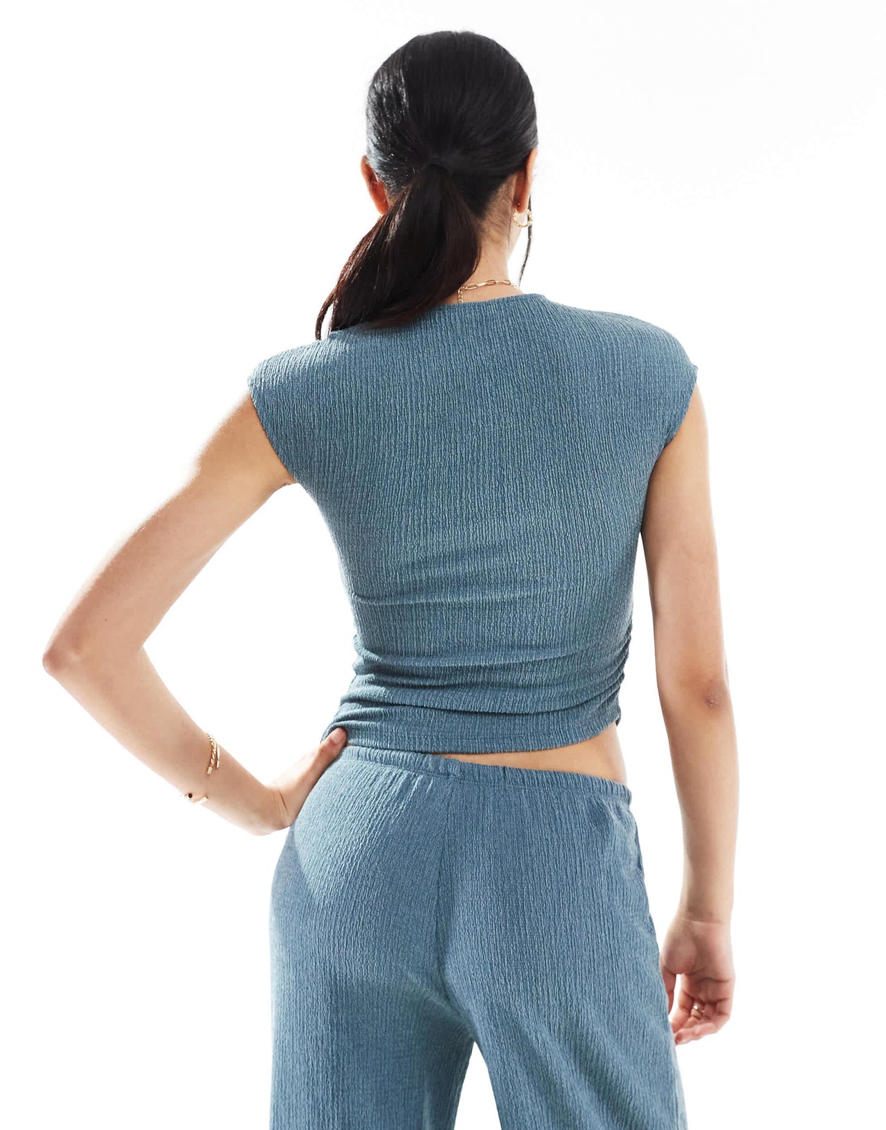 Pull&Bear textured asymmetric hem top co-ord in teal blue