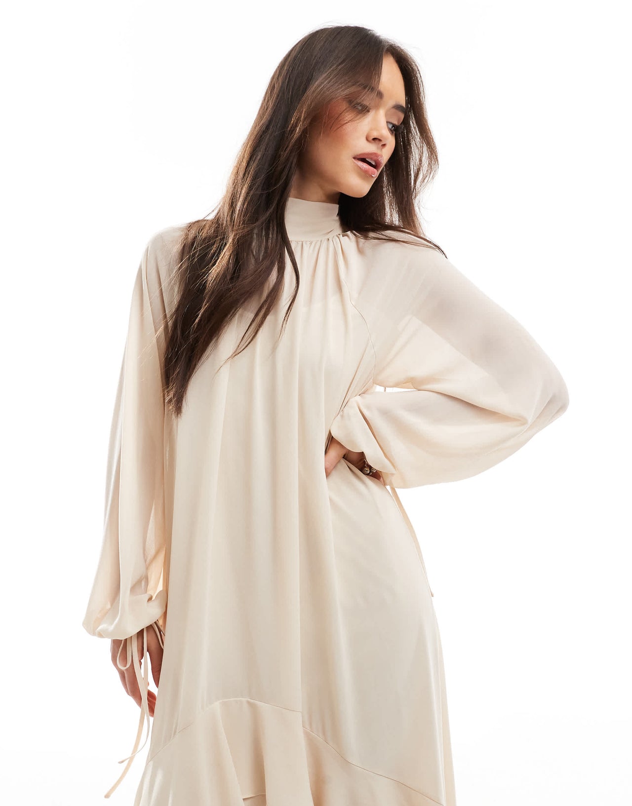 TFNC chiffon maxi dress with tiered hem in mink