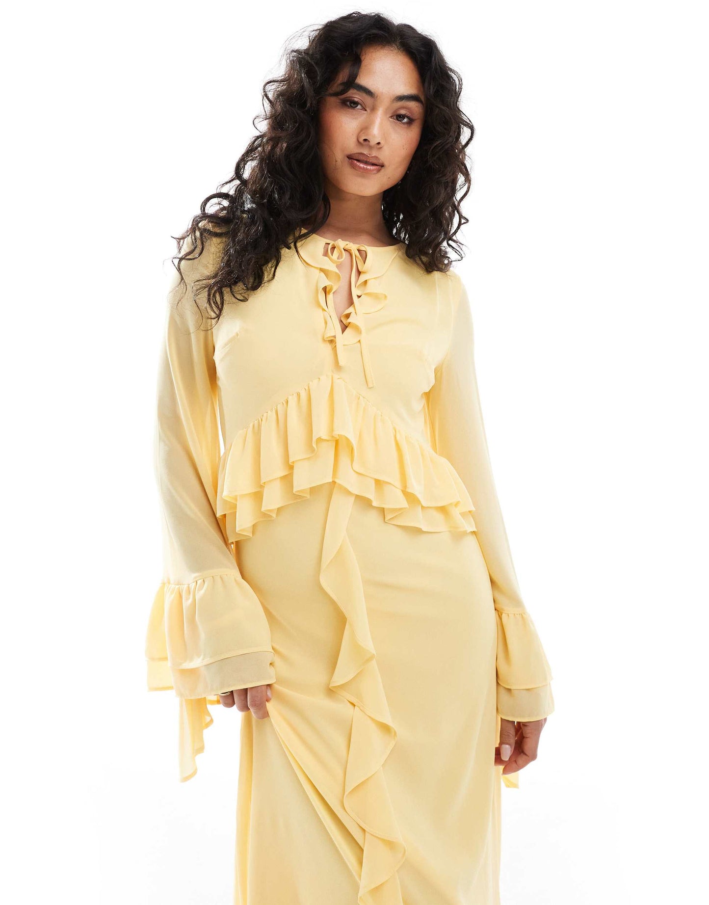 TFNC chiffon maxi dress with frill detail in pale yellow