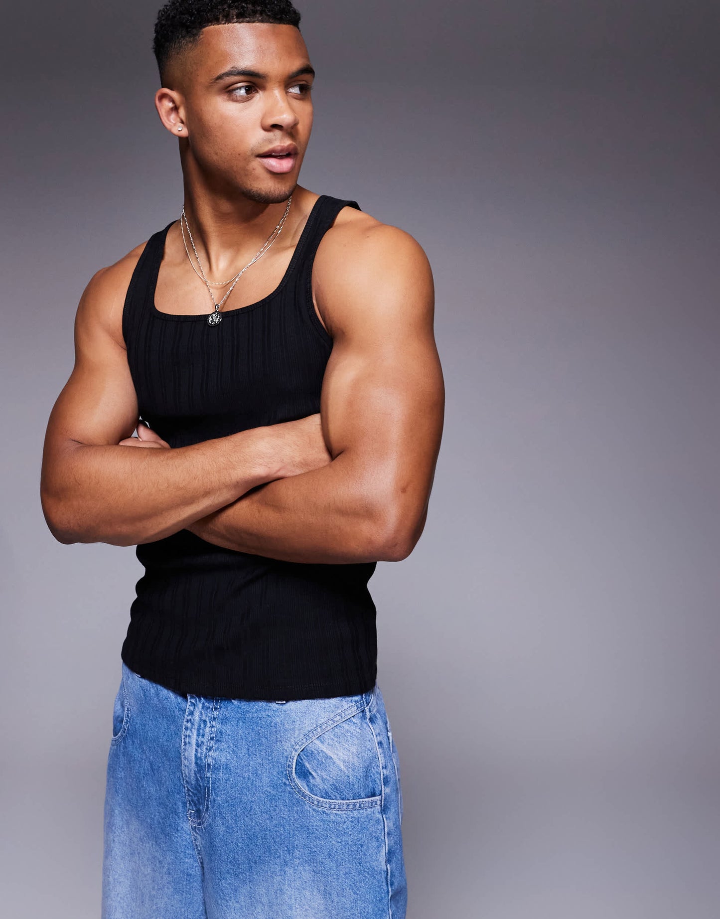 ASOS DESIGN muscle fit t-shirt with high square neck in black rib