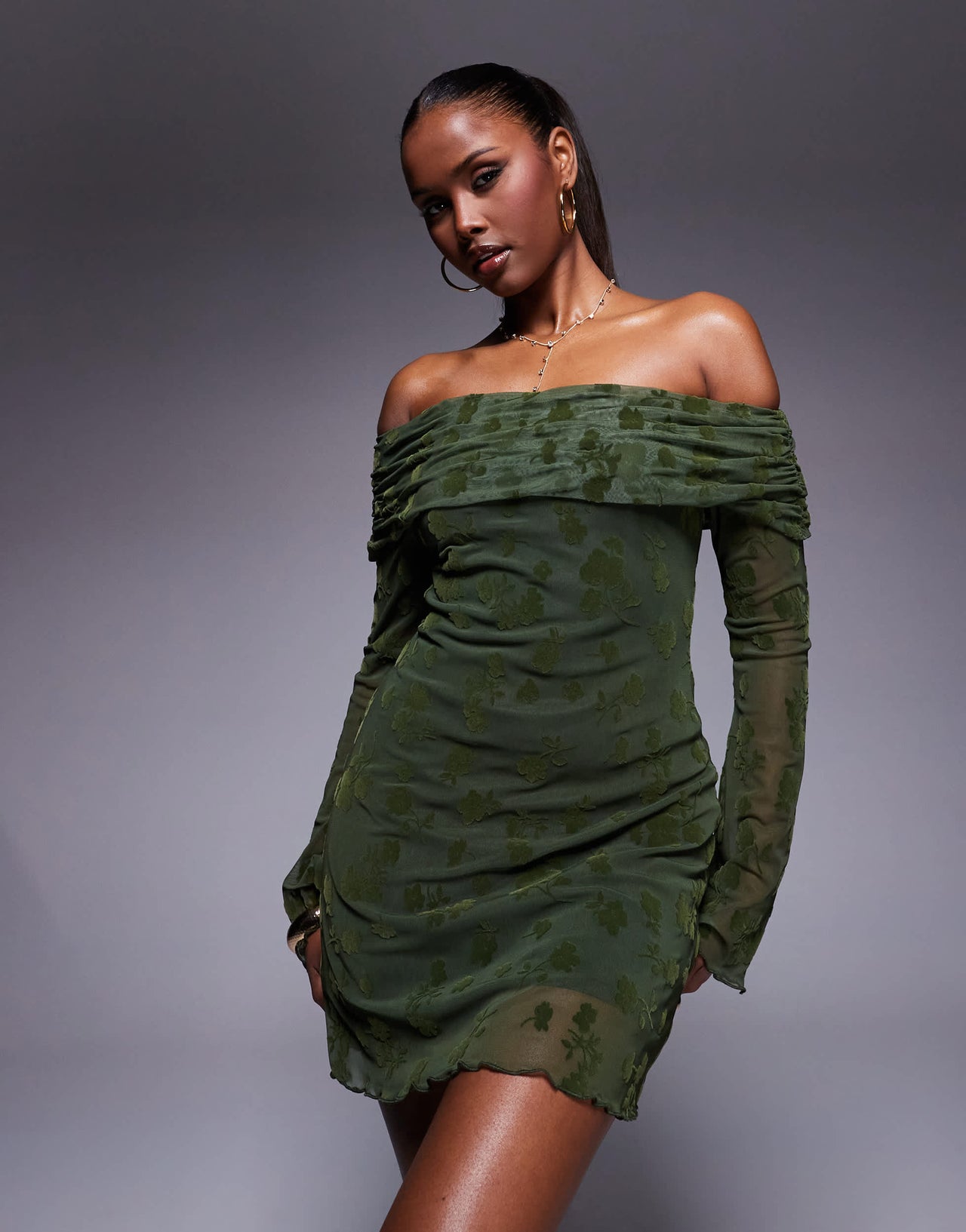 ASOS DESIGN flocked floral fold over bardot mini dress with flute sleeve in olive