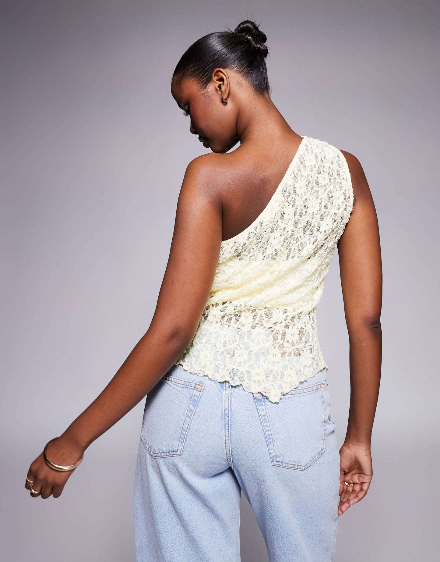 ASOS DESIGN lace one shoulder asymmetric top in buttermilk