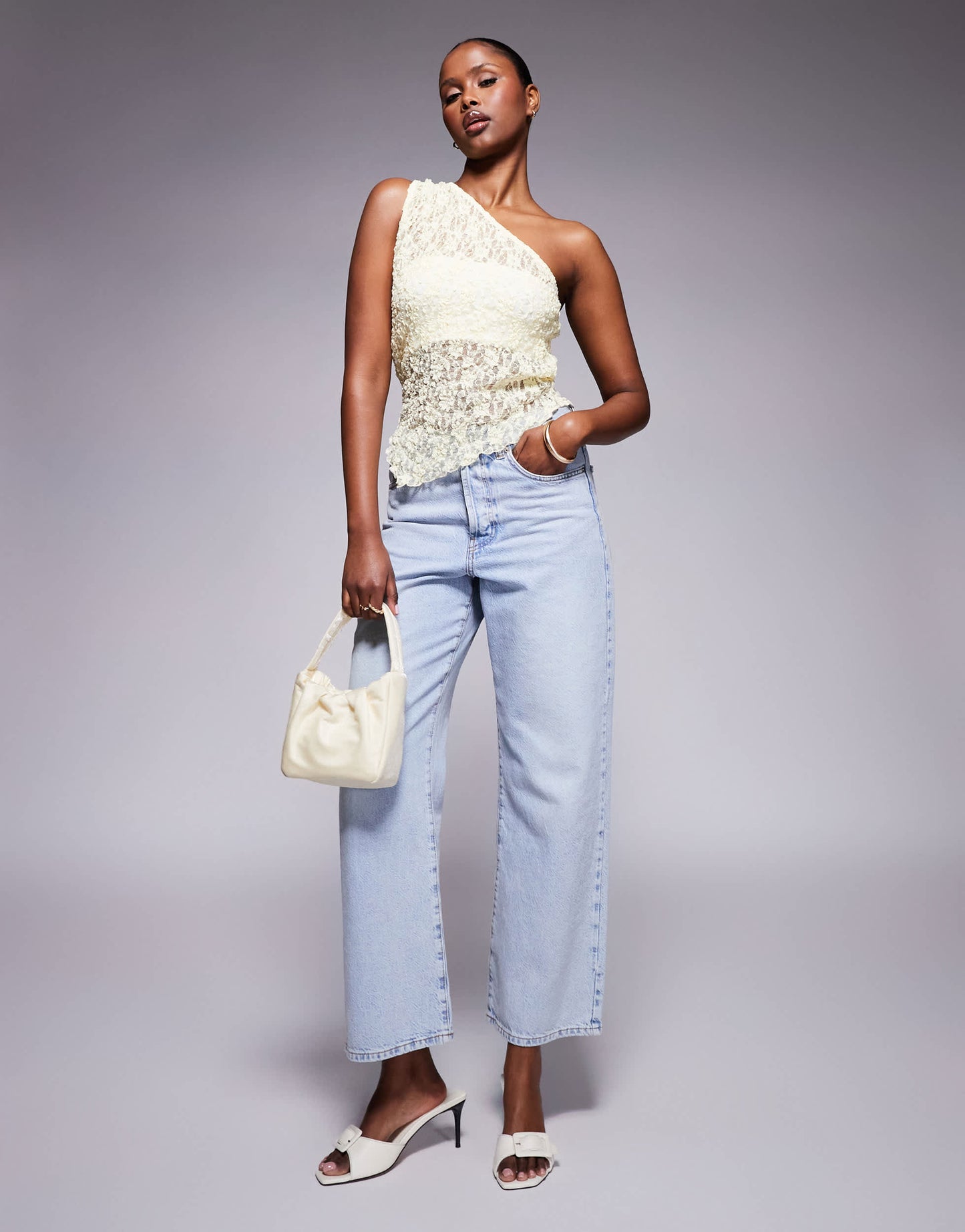 ASOS DESIGN lace one shoulder asymmetric top in buttermilk