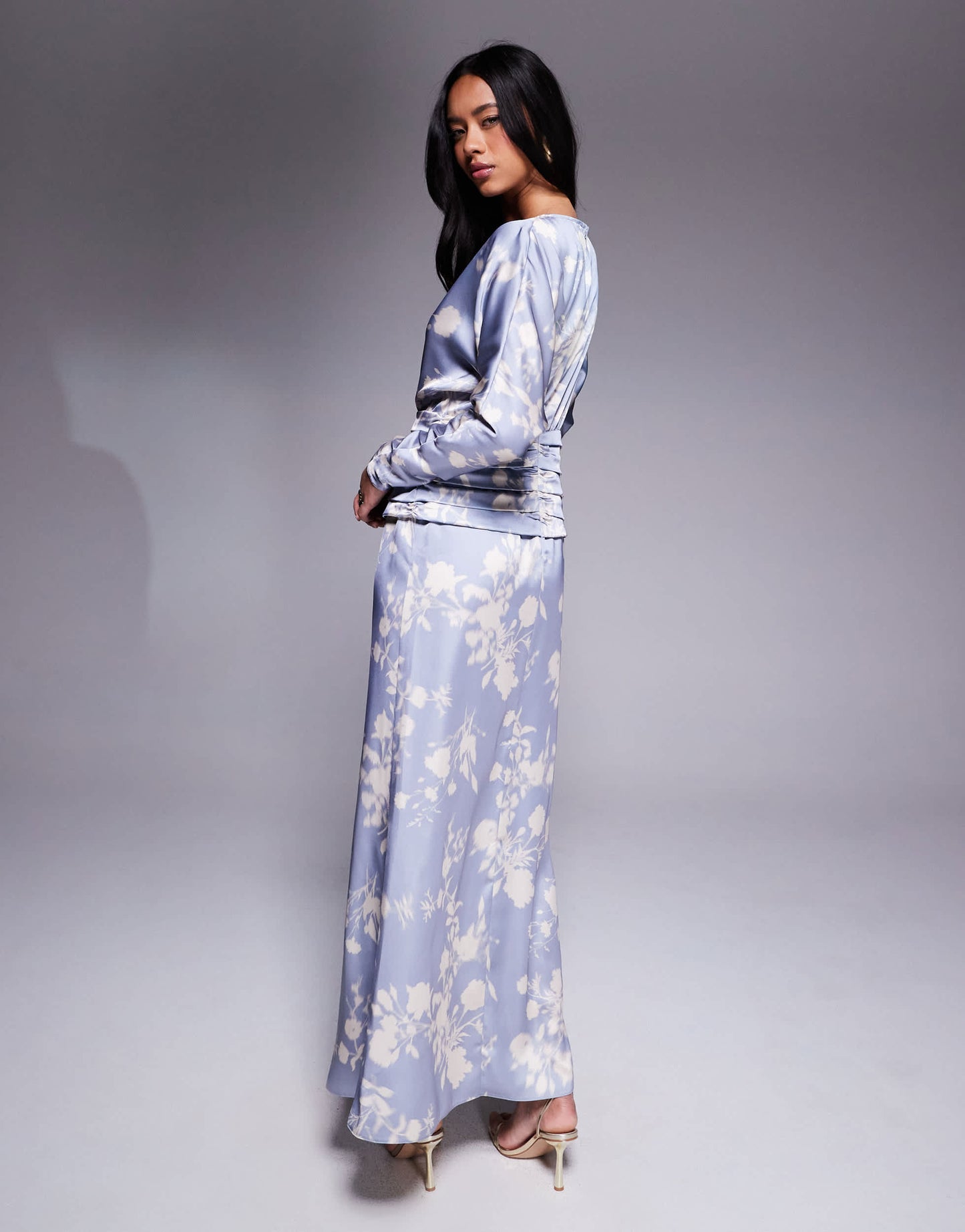 Daska satin batwing maxi dress in soft blue floral print