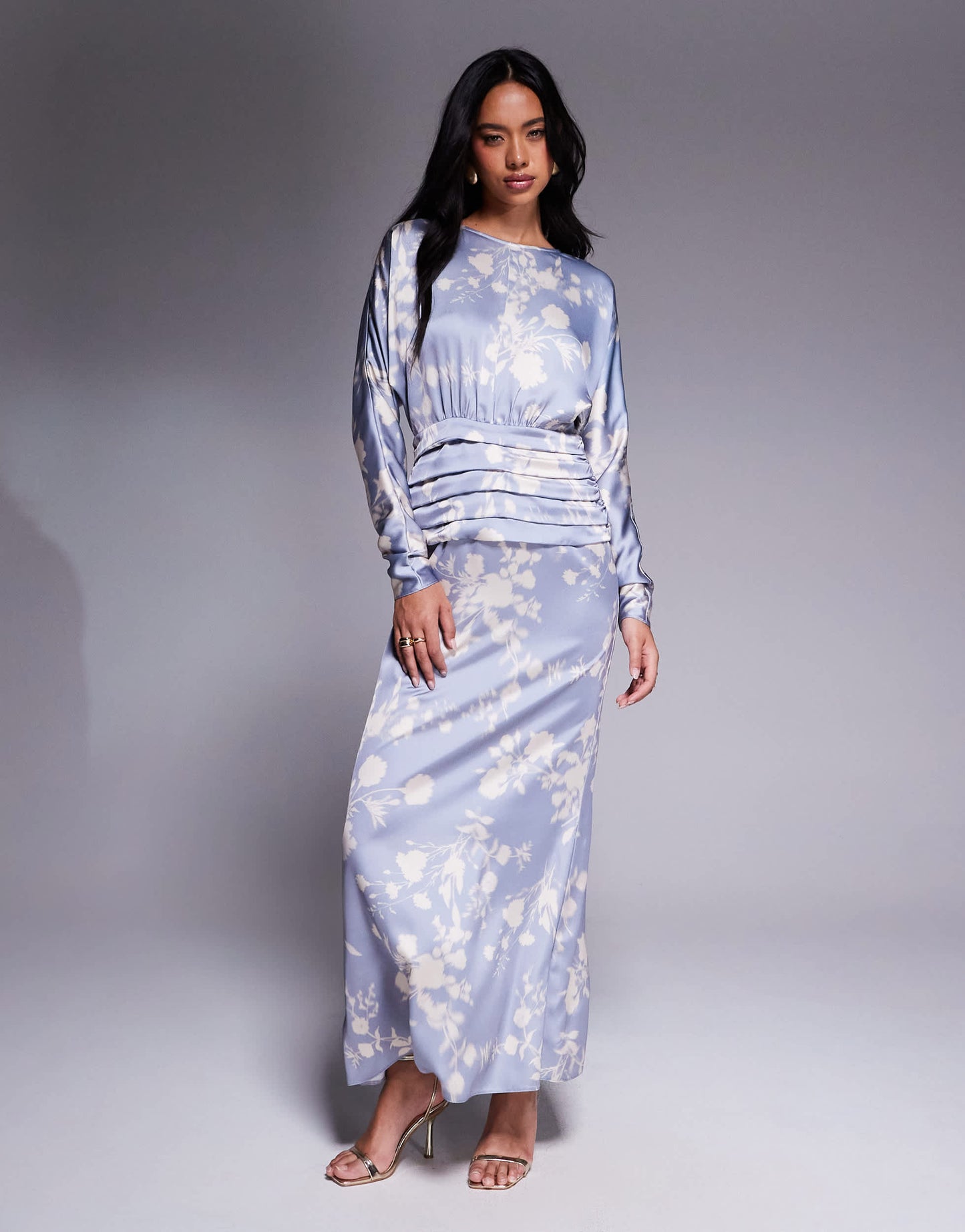 Daska satin batwing maxi dress in soft blue floral print