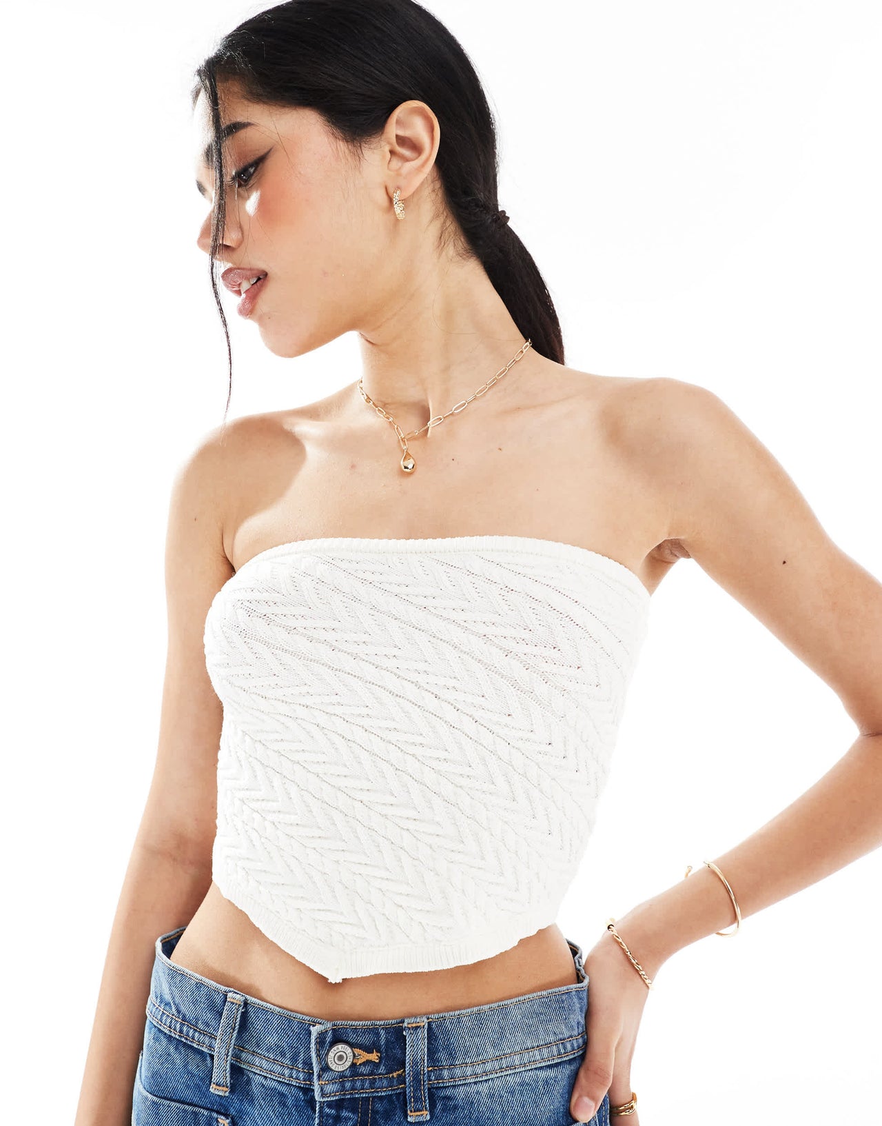 Bershka knitted bandeau top in ecru