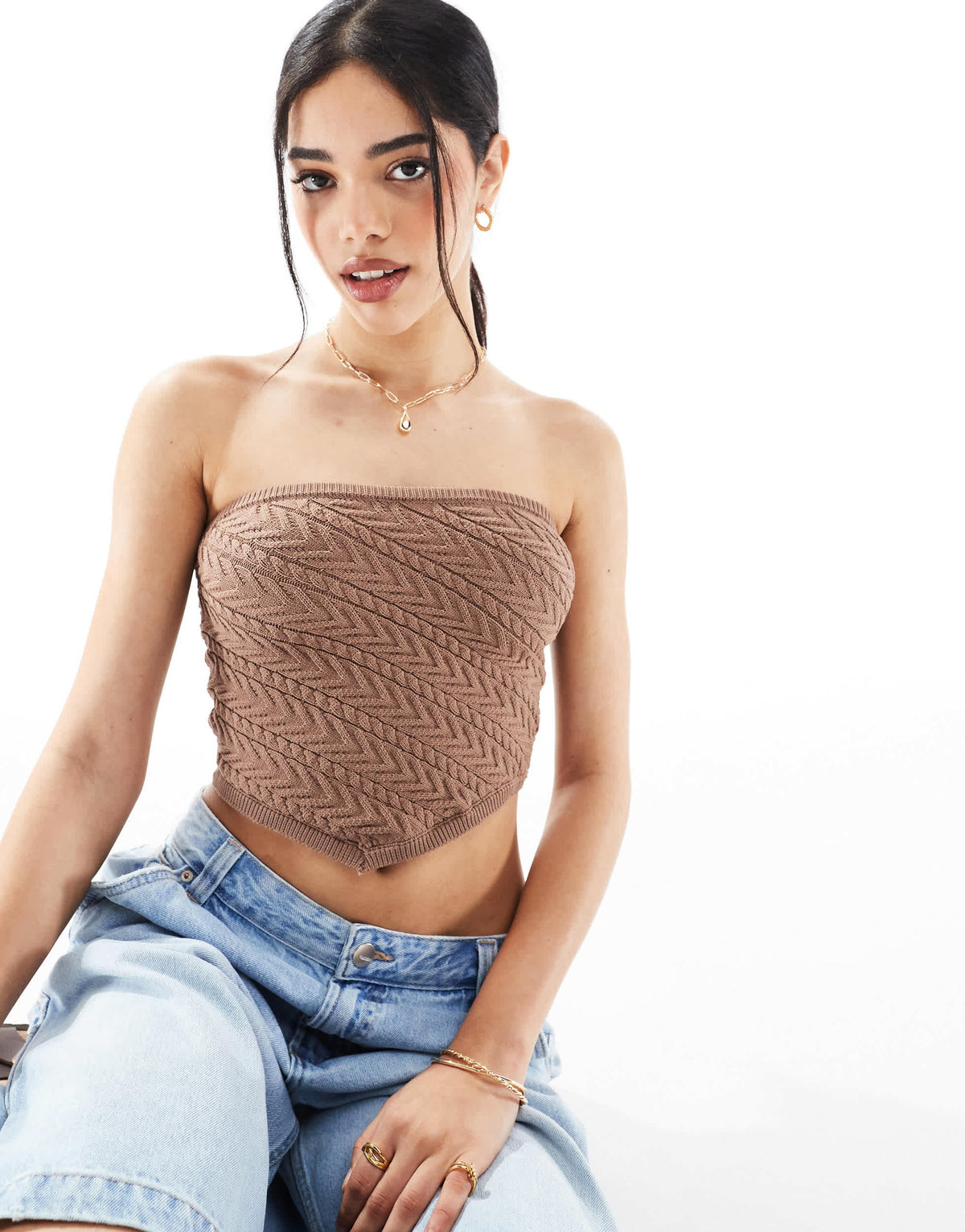 Bershka knitted bandeau top in brown