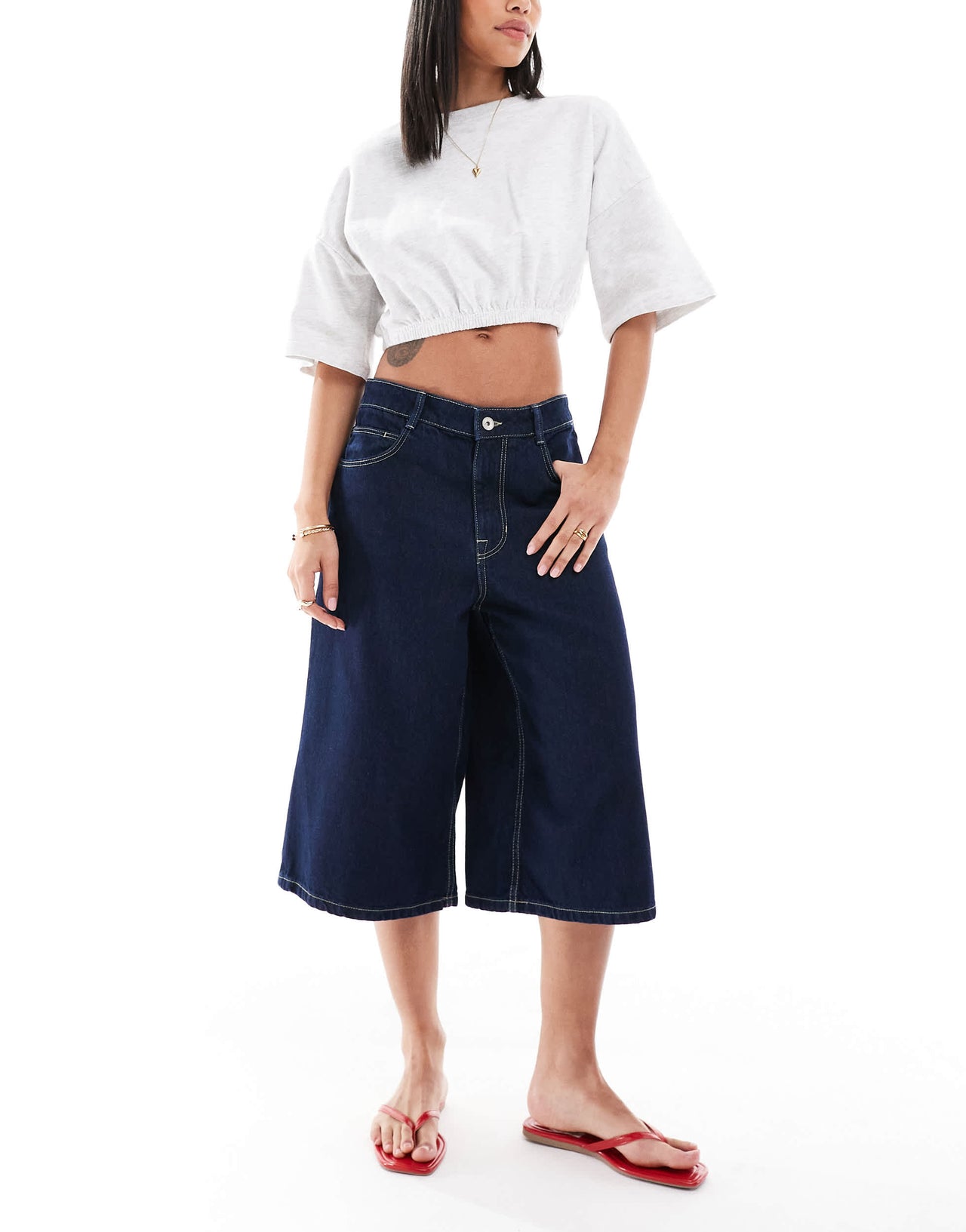 Bershka baggy denim jorts in authentic indigo