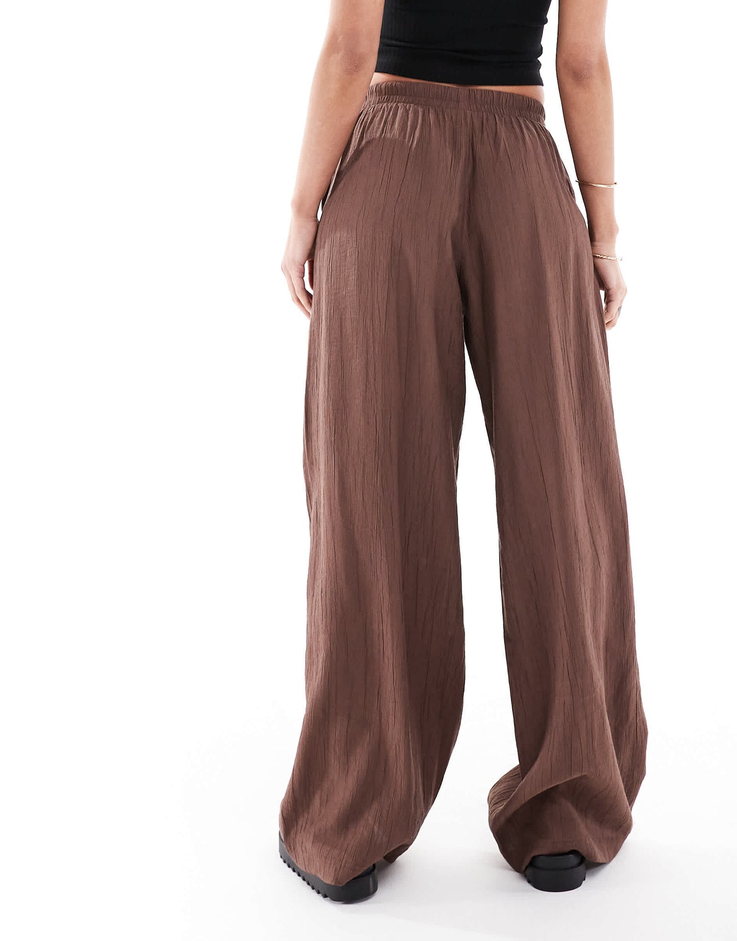 Bershka crinkle wide leg trousers in brown