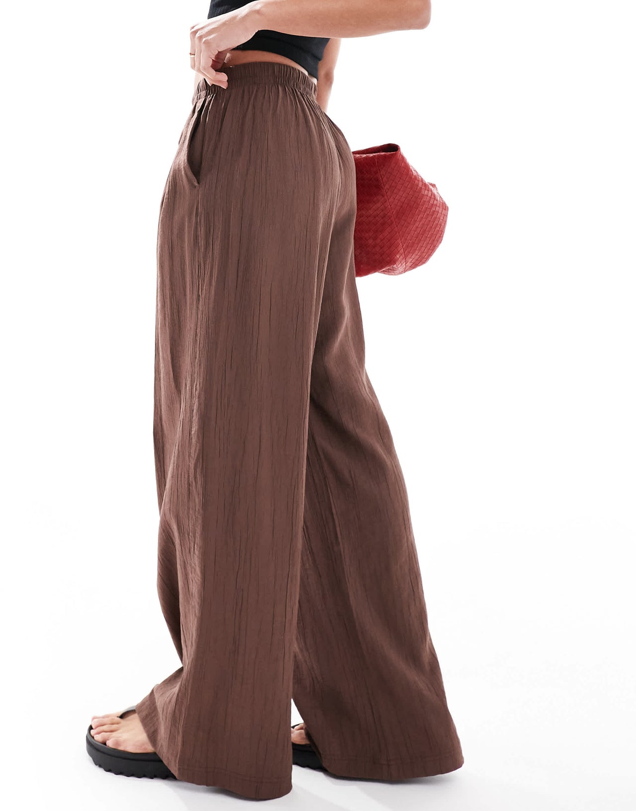 Bershka crinkle wide leg trousers in brown