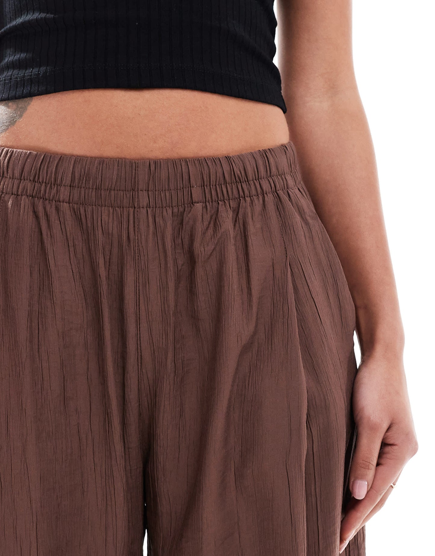 Bershka crinkle wide leg trousers in brown