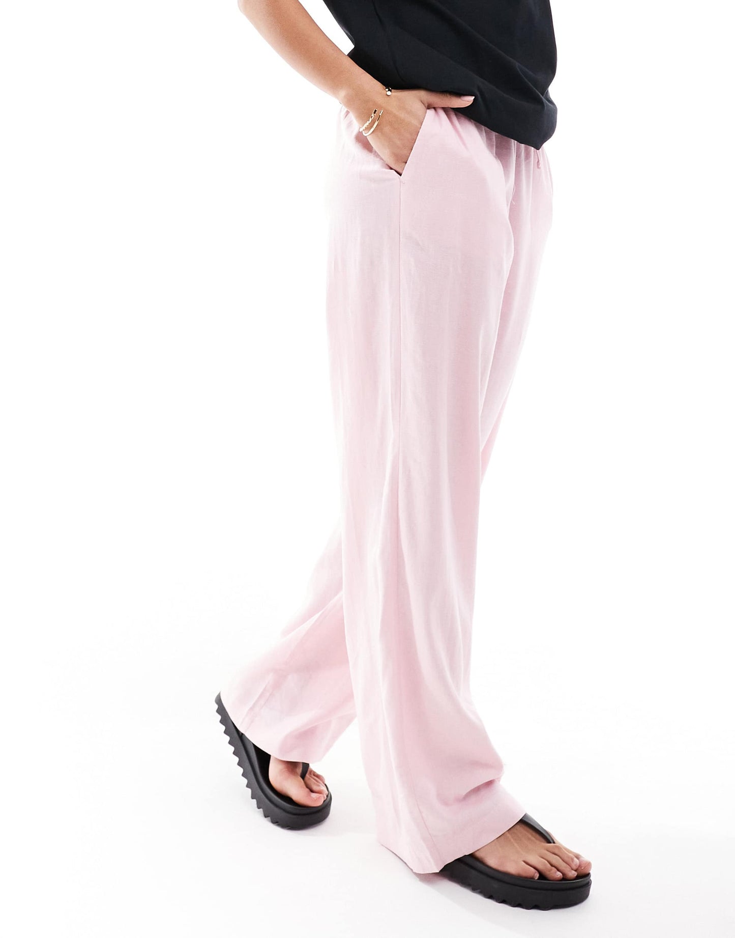Bershka tie waist wide leg linen trousers in pink