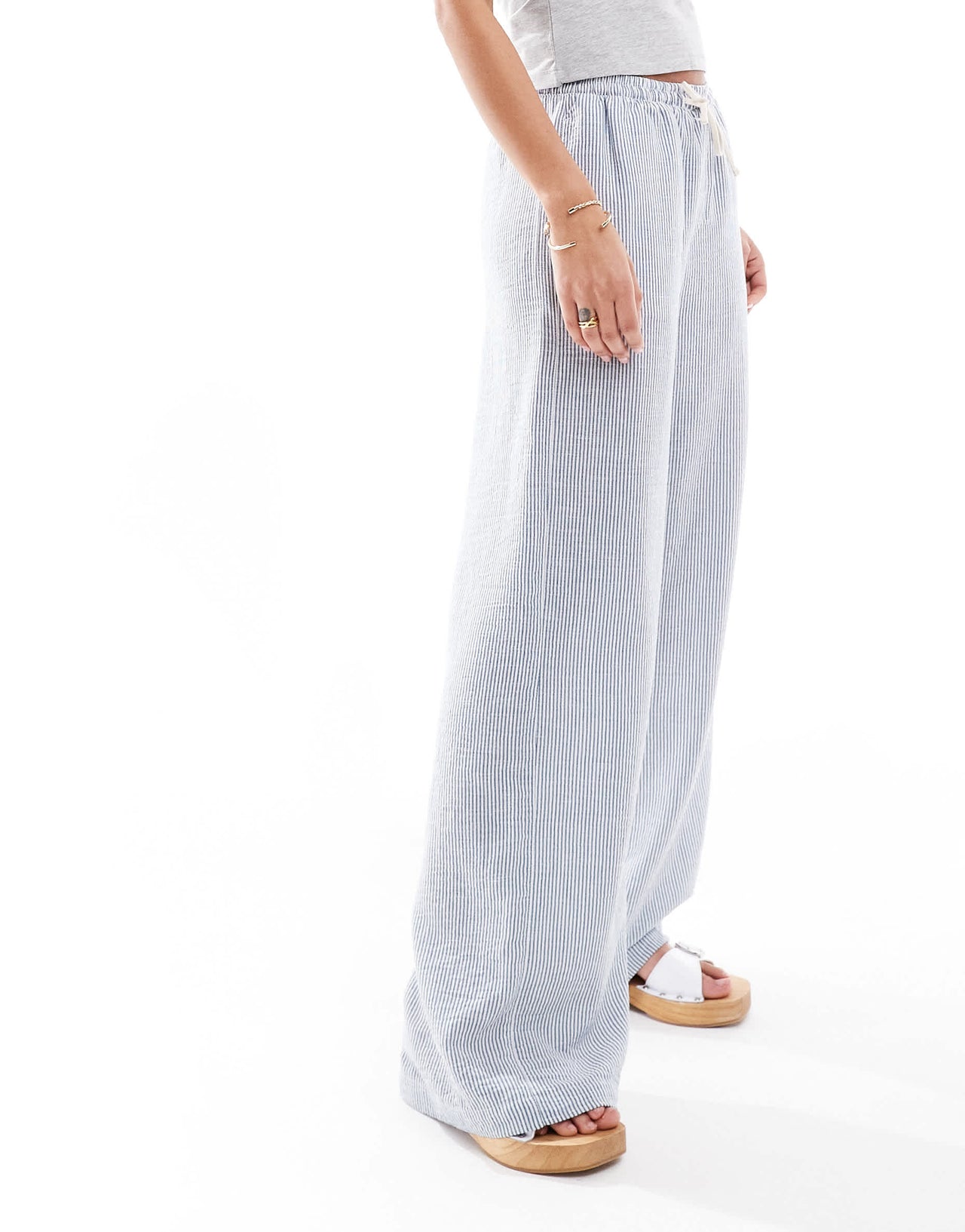 Bershka drawstring waist wide leg trousers in light blue pinstripe