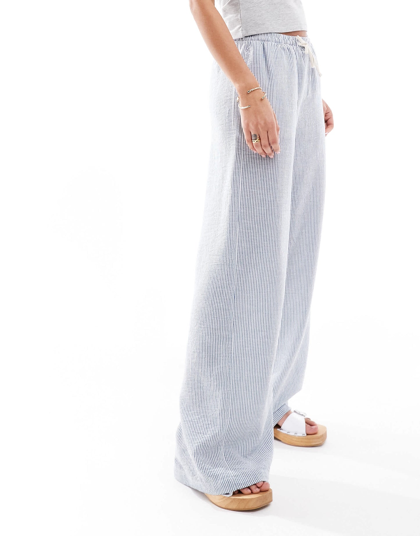 Bershka drawstring waist wide leg trousers in light blue pinstripe