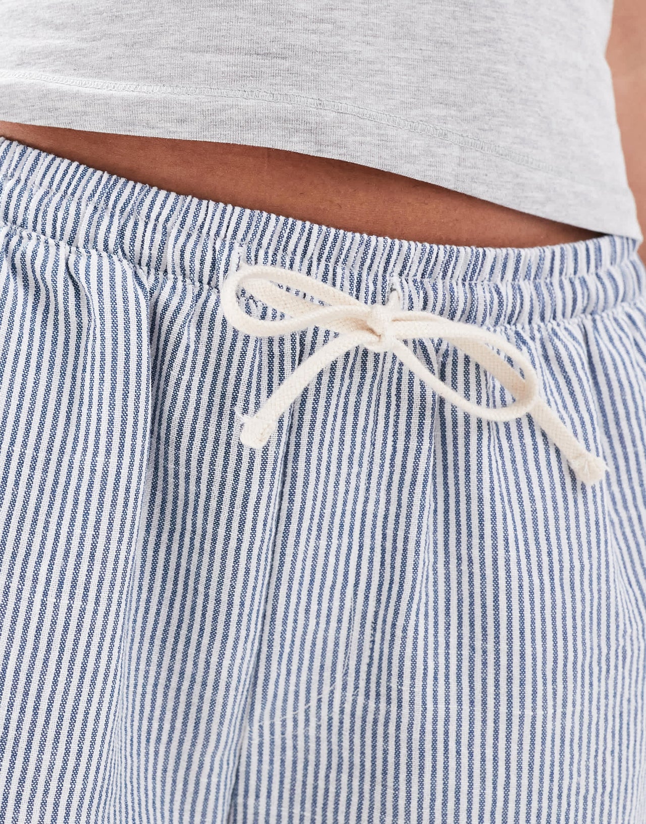 Bershka drawstring waist wide leg trousers in light blue pinstripe