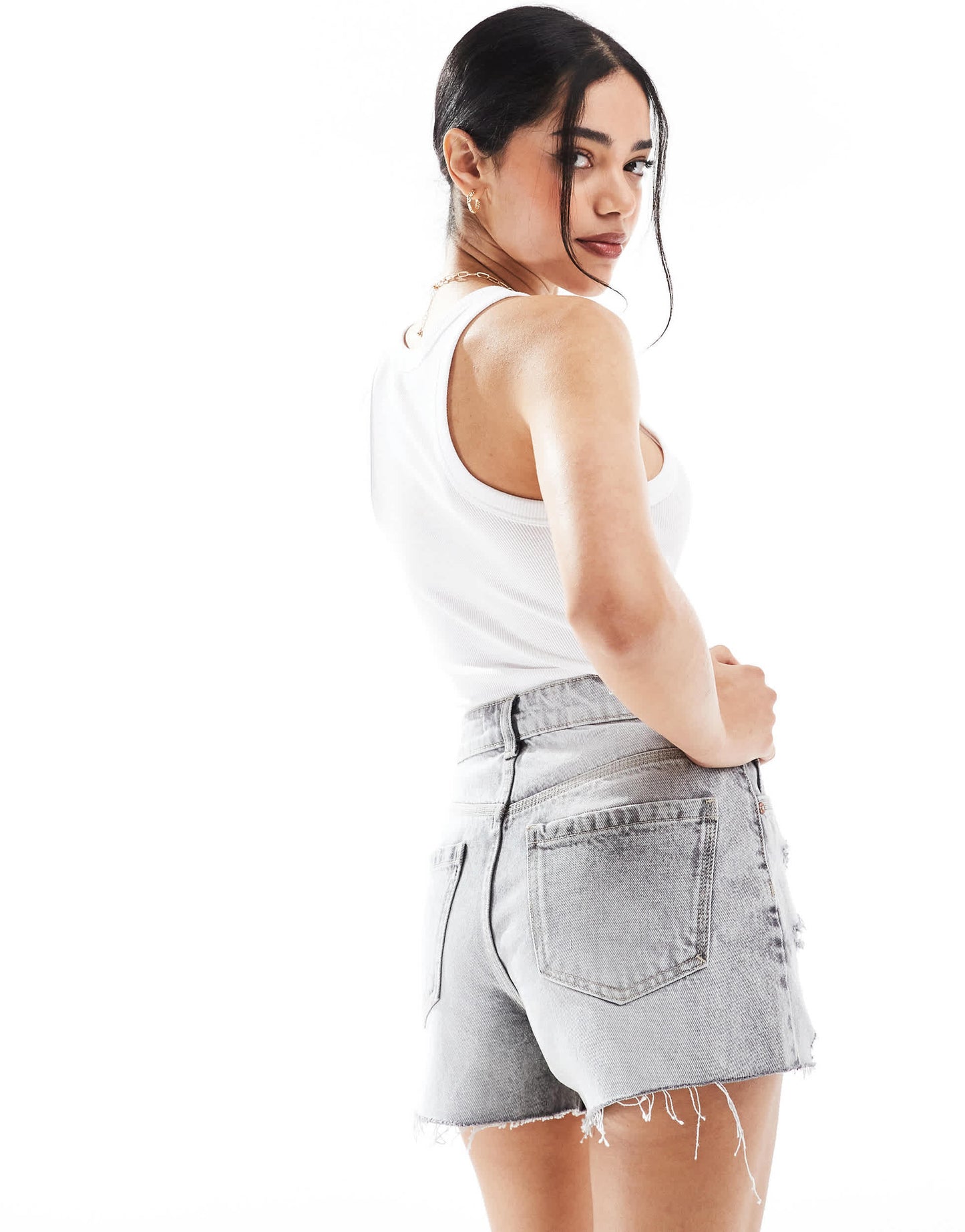 Bershka high waisted ripped denim shorts in washed grey