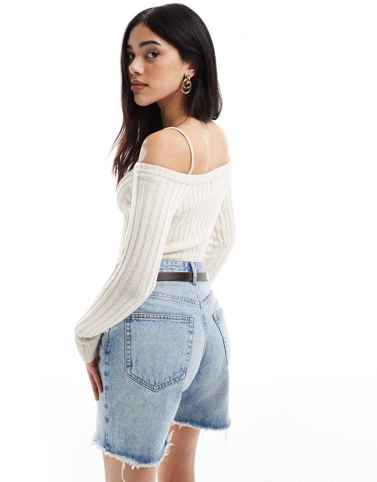 Bershka ribbed knitted hankerchief hem top in ecru