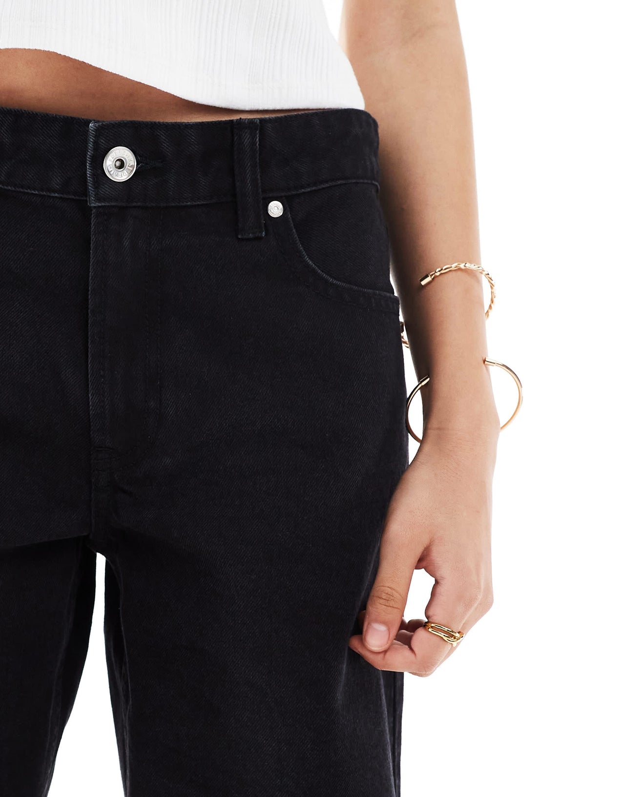 Bershka high waisted raw hem longline denim shorts in washed black