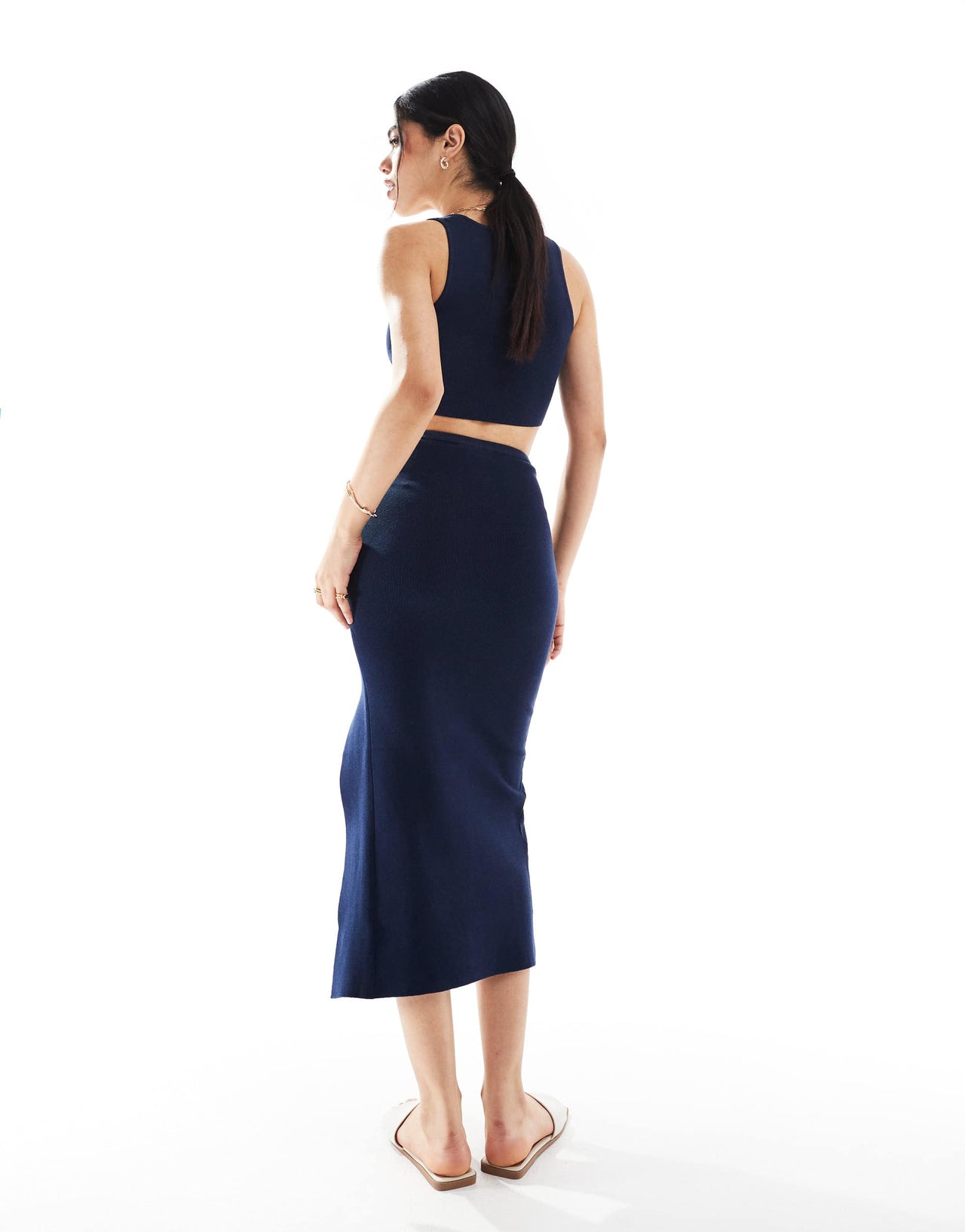 Bershka knitted maxi skirt co-ord in navy
