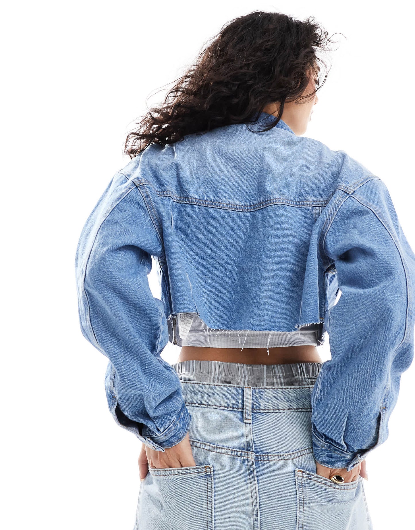 Bershka cropped denim jacket in mid blue