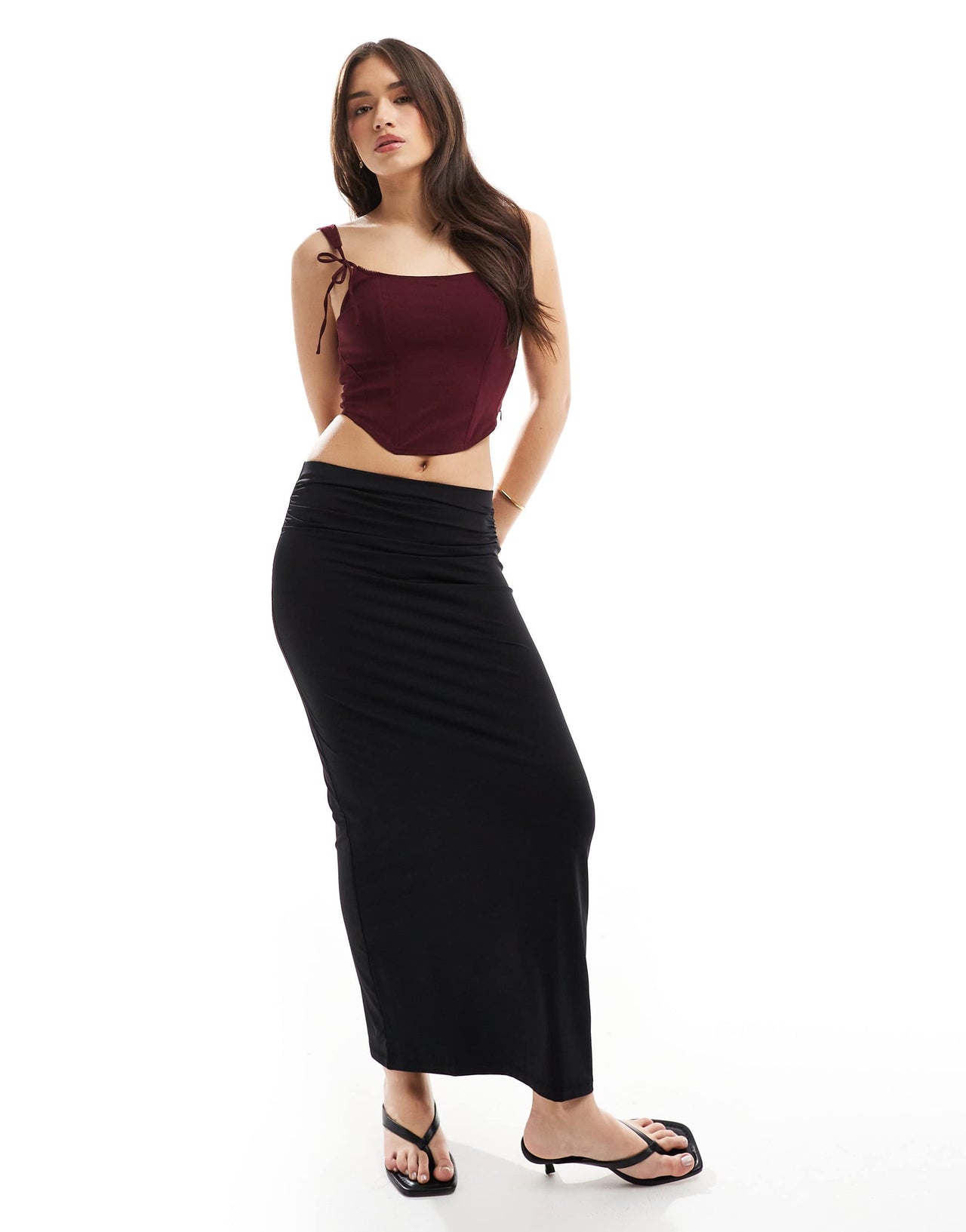 Bershka bow detail corset top in burgundy