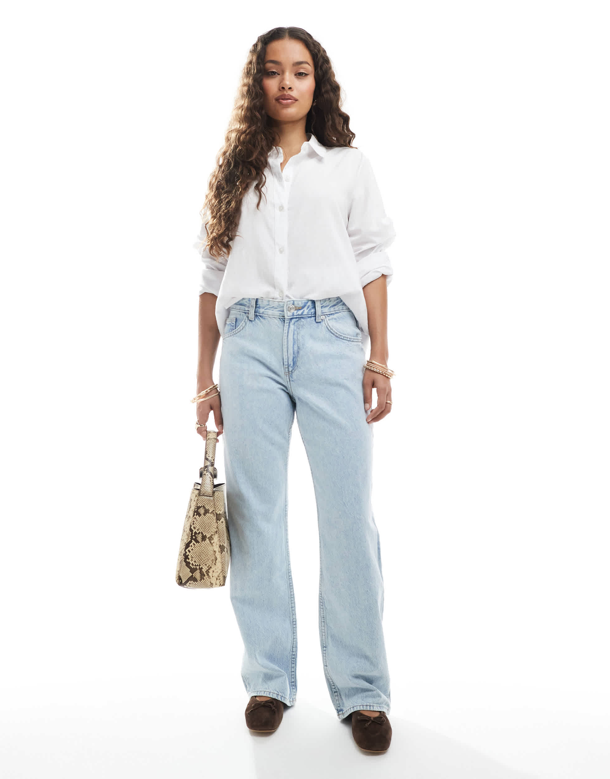 Bershka Petite straight leg jeans in super light wash blue