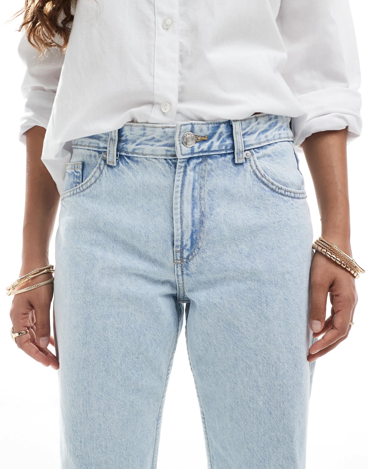 Bershka Petite straight leg jeans in super light wash blue