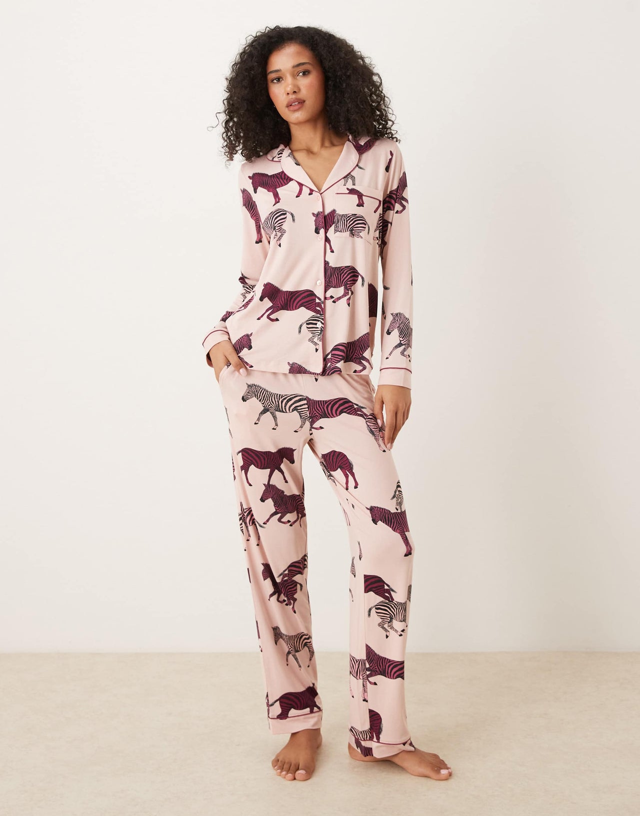 Chelsea Peers poly long sleeve revere pyjama set in zebra print